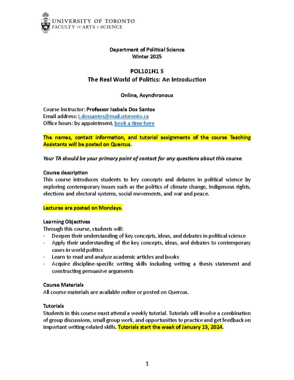2025 POL101H1 S Syllabus: The Real World of Politics Overview - Studocu