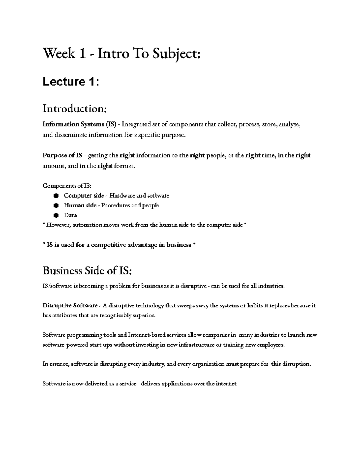 Notes - Intro to IS - Week 1 - Intro To Subject: Lecture 1 ...