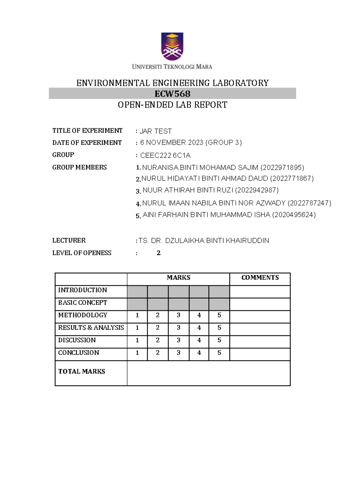 LAB Report JAR TEST (CEEC2226C1A) - ENVIRONMENTAL ENGINEERING ...