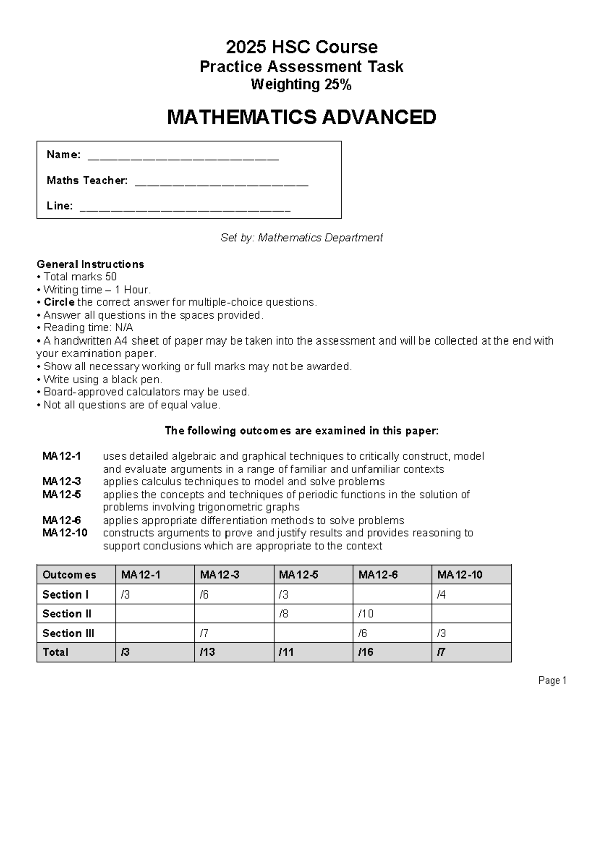2025 HSC Mathematics Advanced Practice Exam - Assessment Task - Studocu