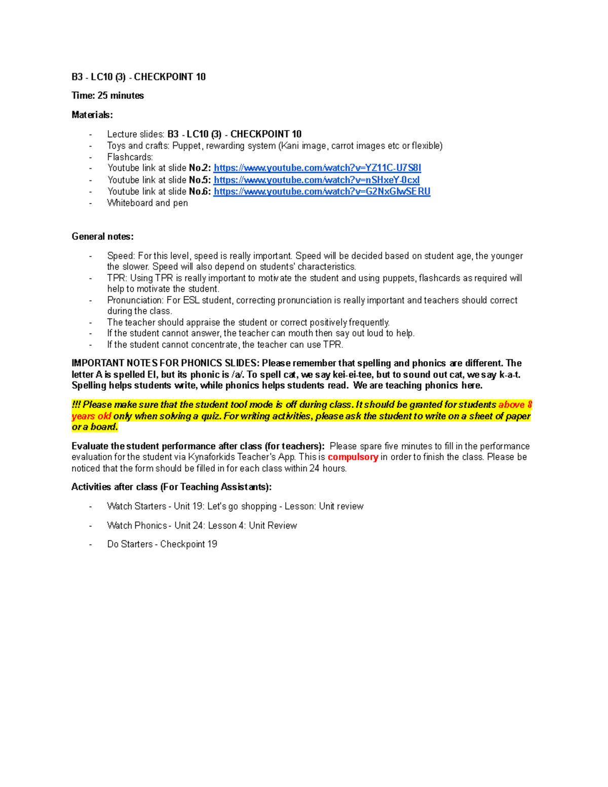 B3 LC10 (3) CHECKPOINT 10: Lesson Plan for Kids - Studocu