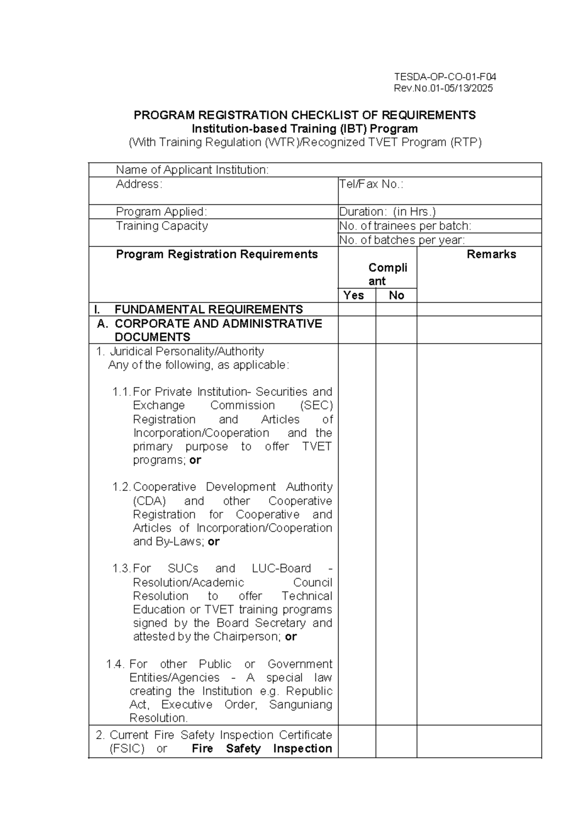 IBT Program Registration Checklist of Requirements for TVET - Studocu