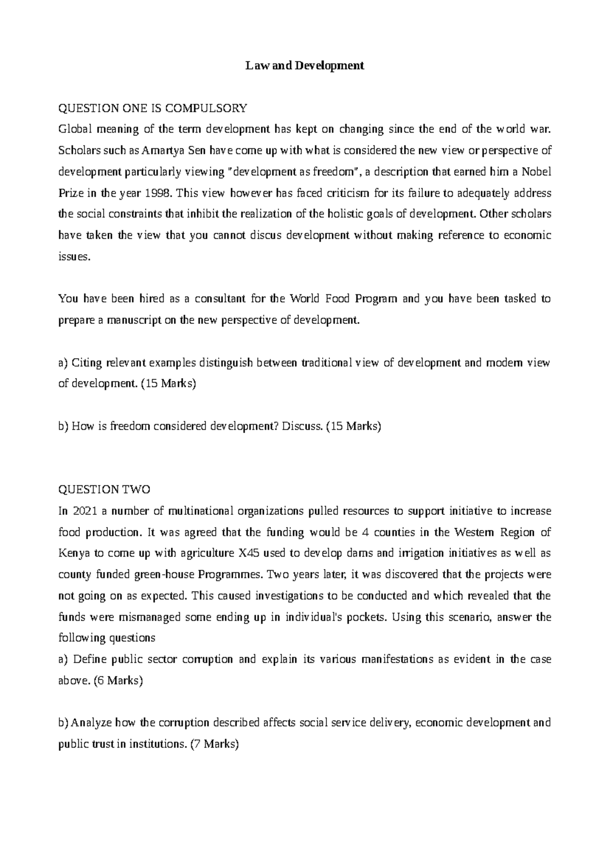 Past Papers: Law and Development (LD 101) - Comprehensive Review - Studocu