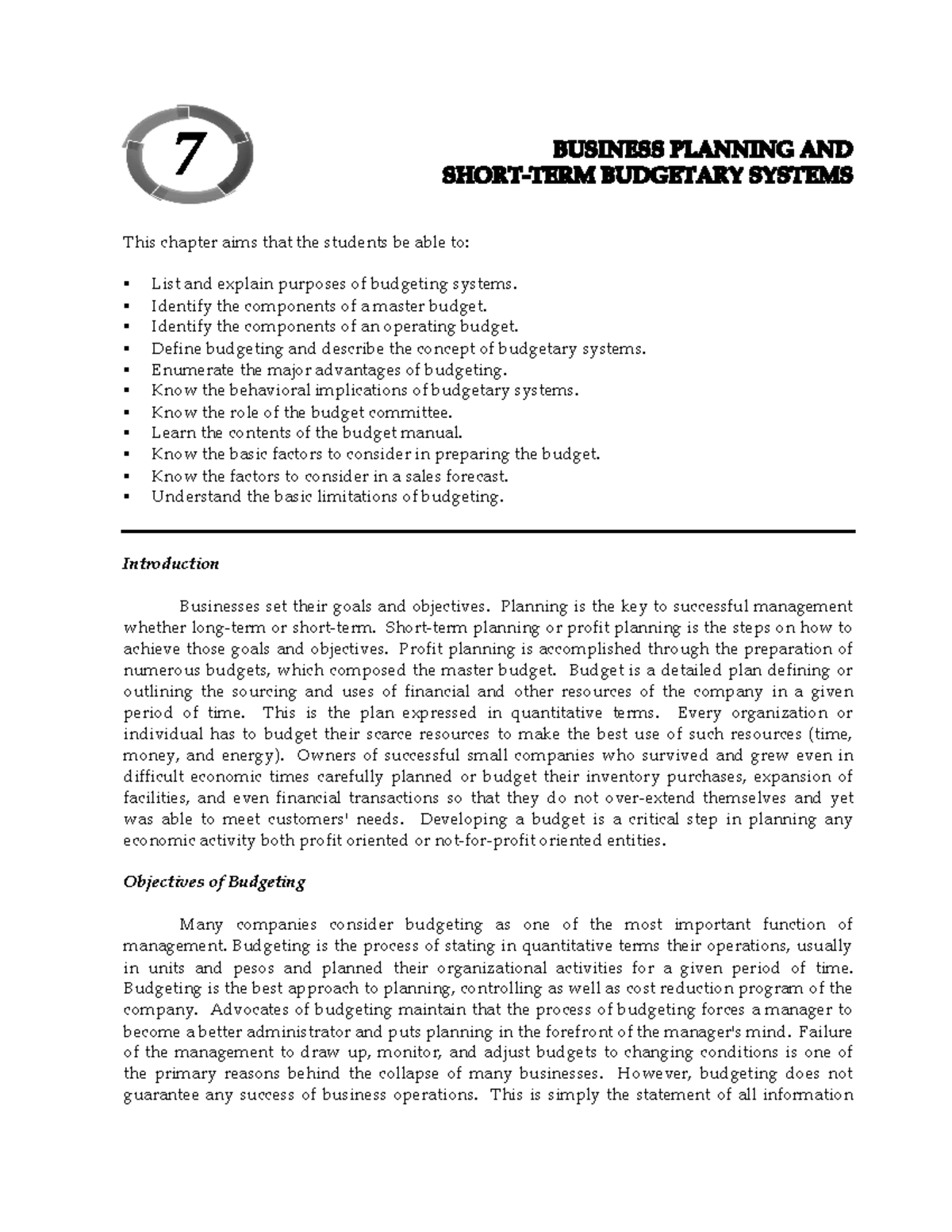 Budgeting Concepts and Master Budget Overview for MAS Class - Studocu