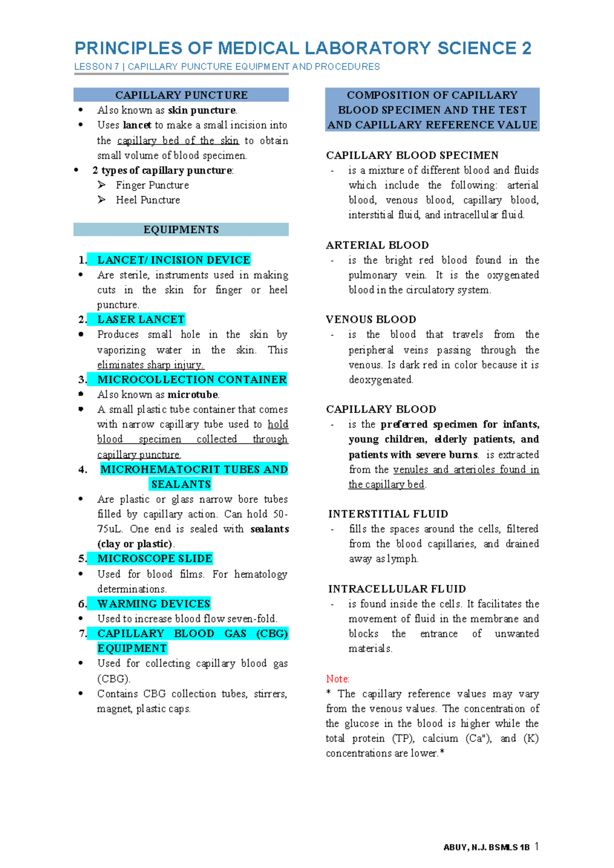 P MLS 2 Lesson 7: Capillary Puncture Equipment & Procedures - Studocu