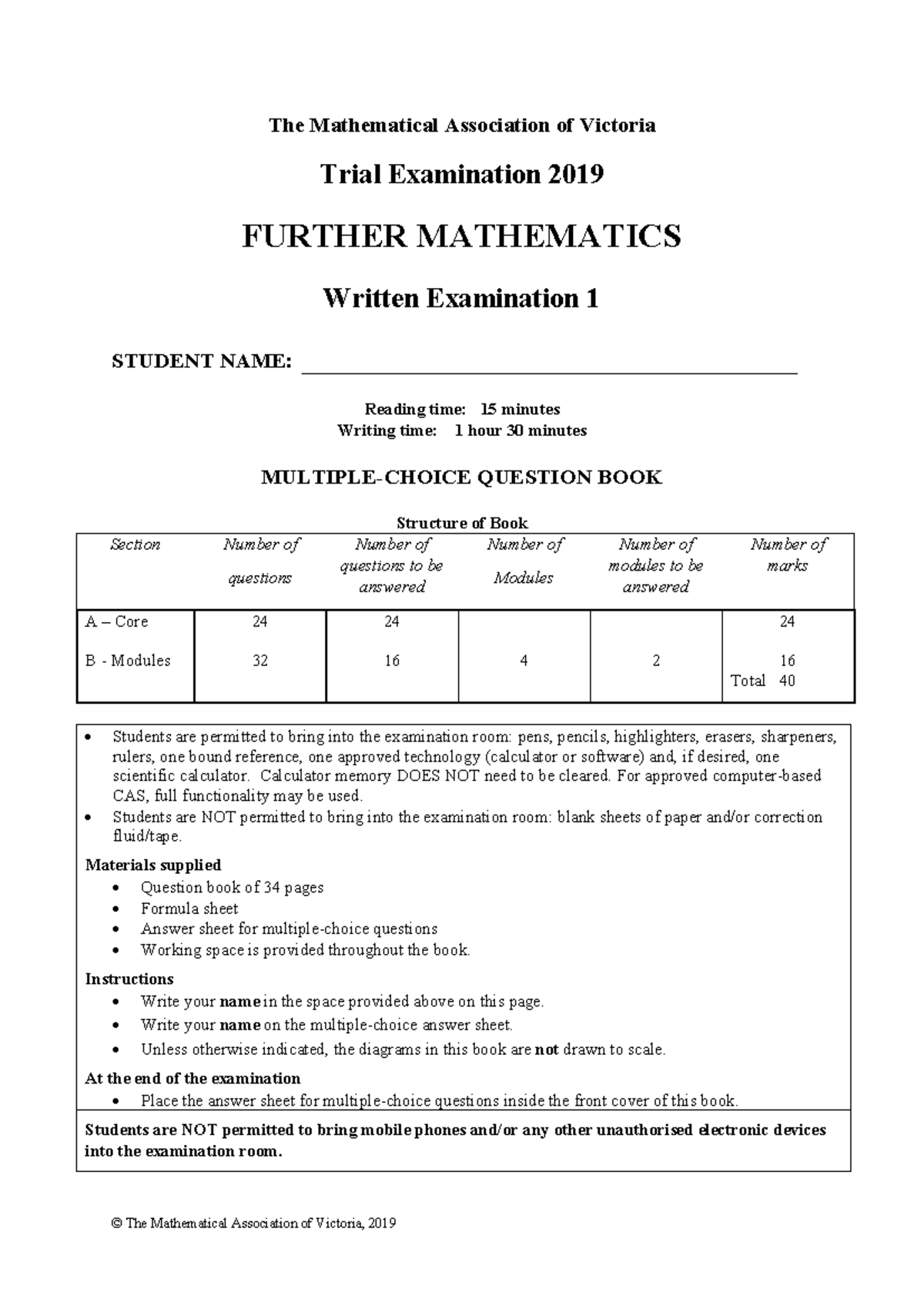 2019 MAV Further Maths Trial Exam 1 - Units 3/4 Exam Questions and ...