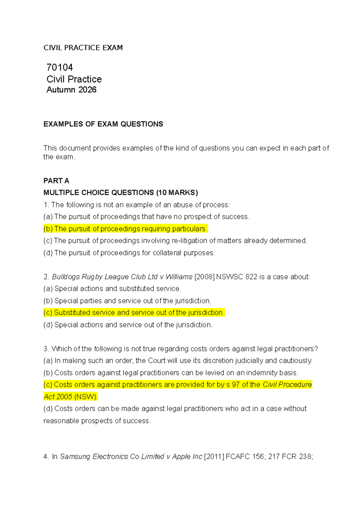 CIVIL PRACTICE EXAM 70104: Sample Questions & Case Management Insights ...