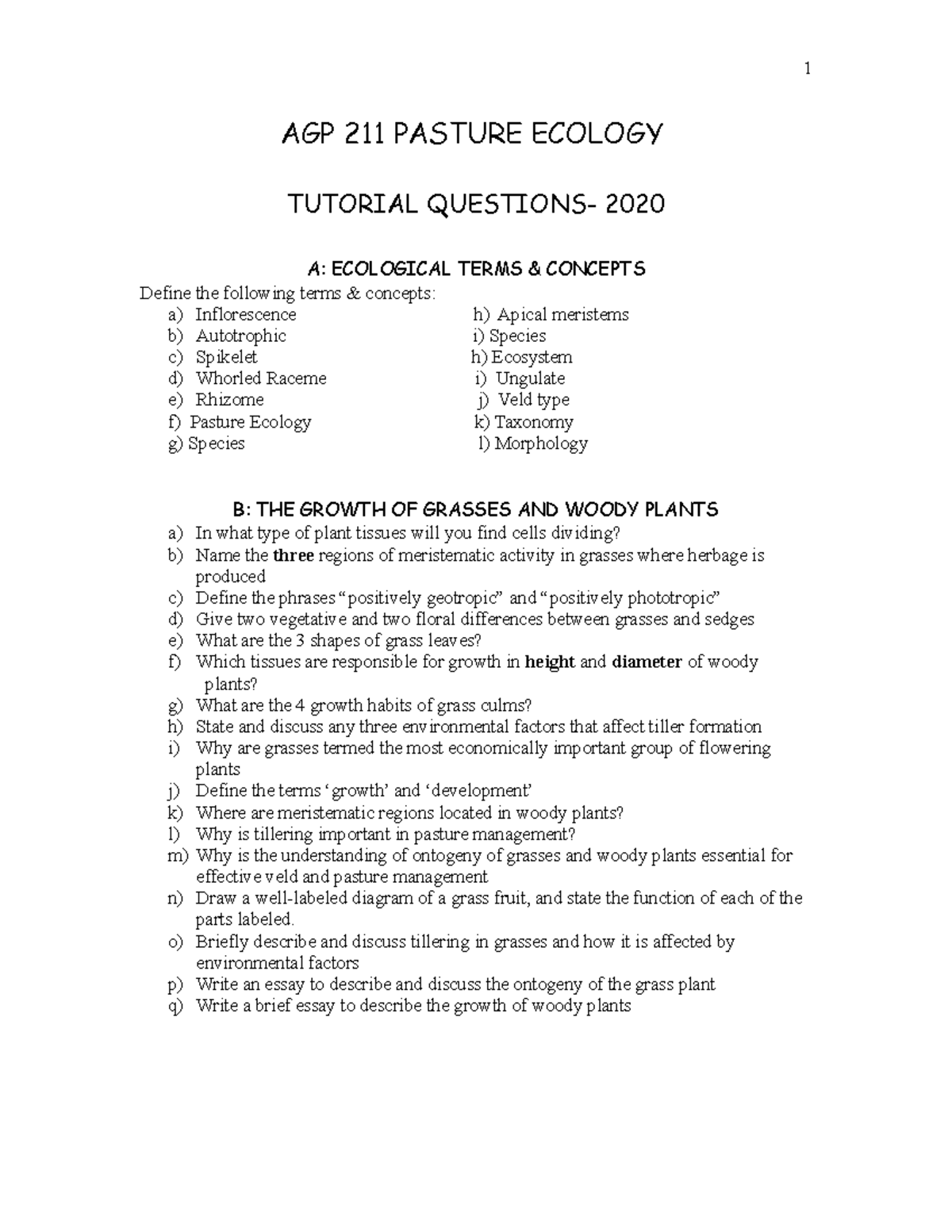 AGP 211 Pasture Ecology Tutorial Questions - 2020 Edition - Studocu