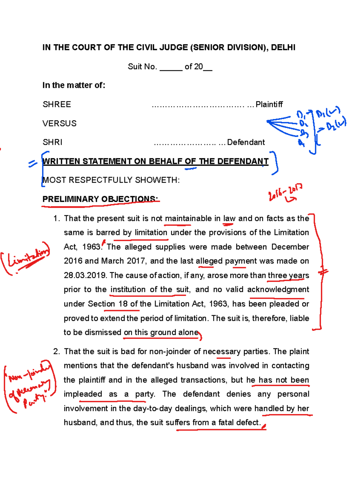 Written Statement for Recovery Suit No. 1775912015: Preliminary ...