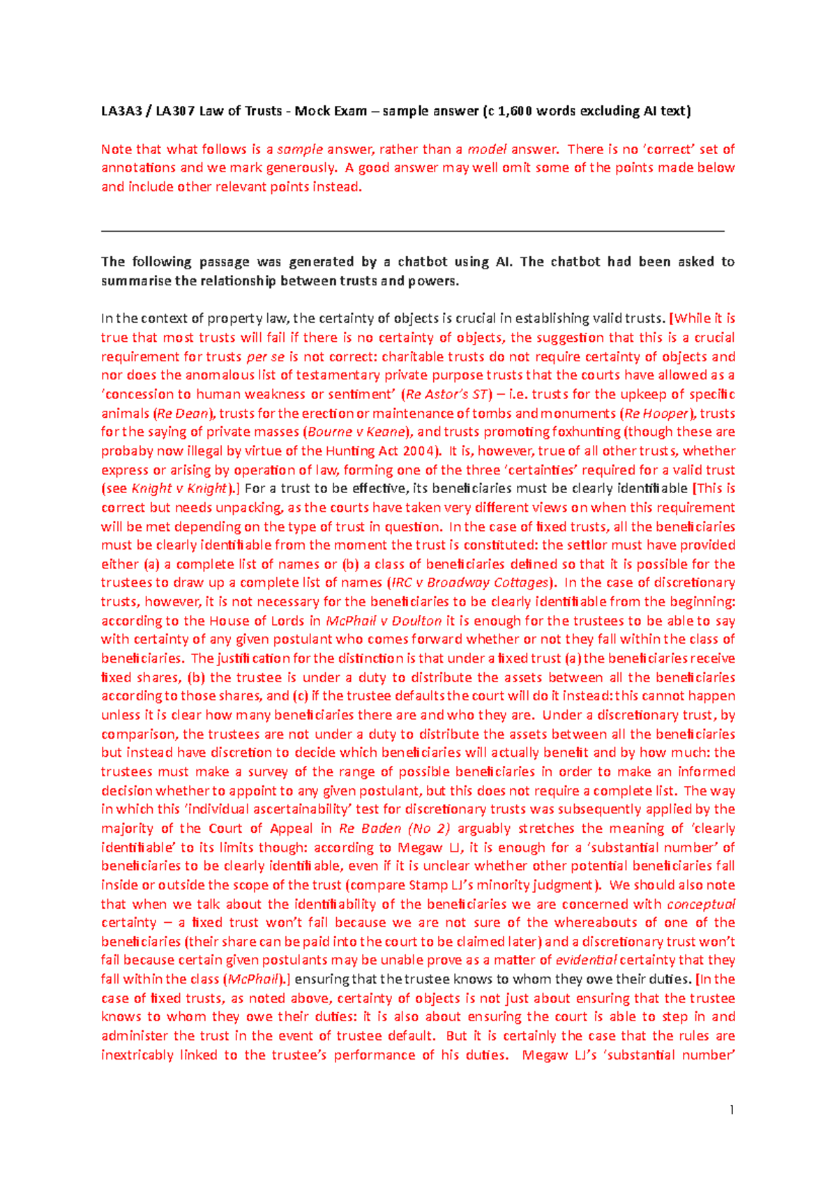 LA3A3 Law of Trusts Mock Exam Sample Answer & Feedback - Studocu