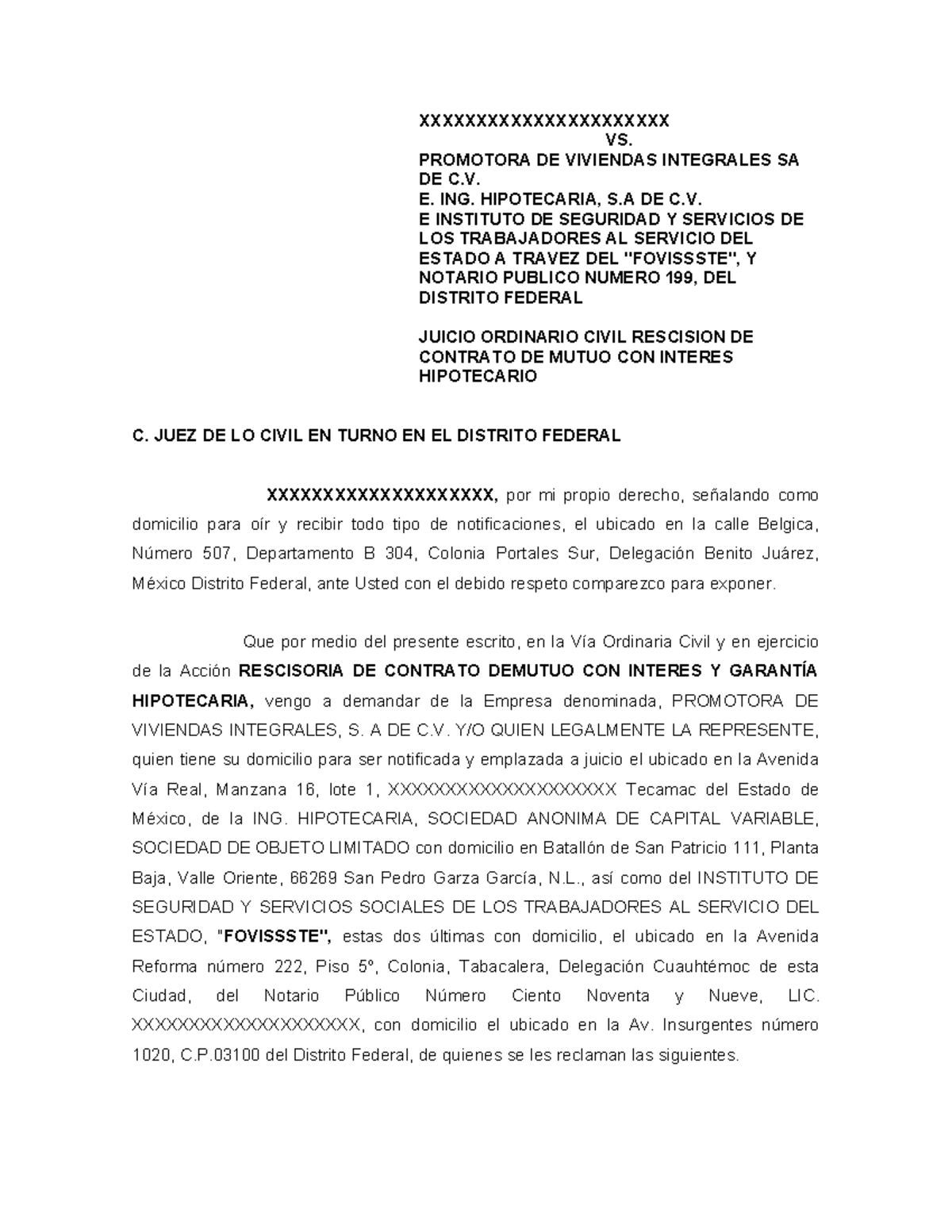 Demanda Ordinaria Civil: Rescisión de Contrato de Mutuo con Interés ...