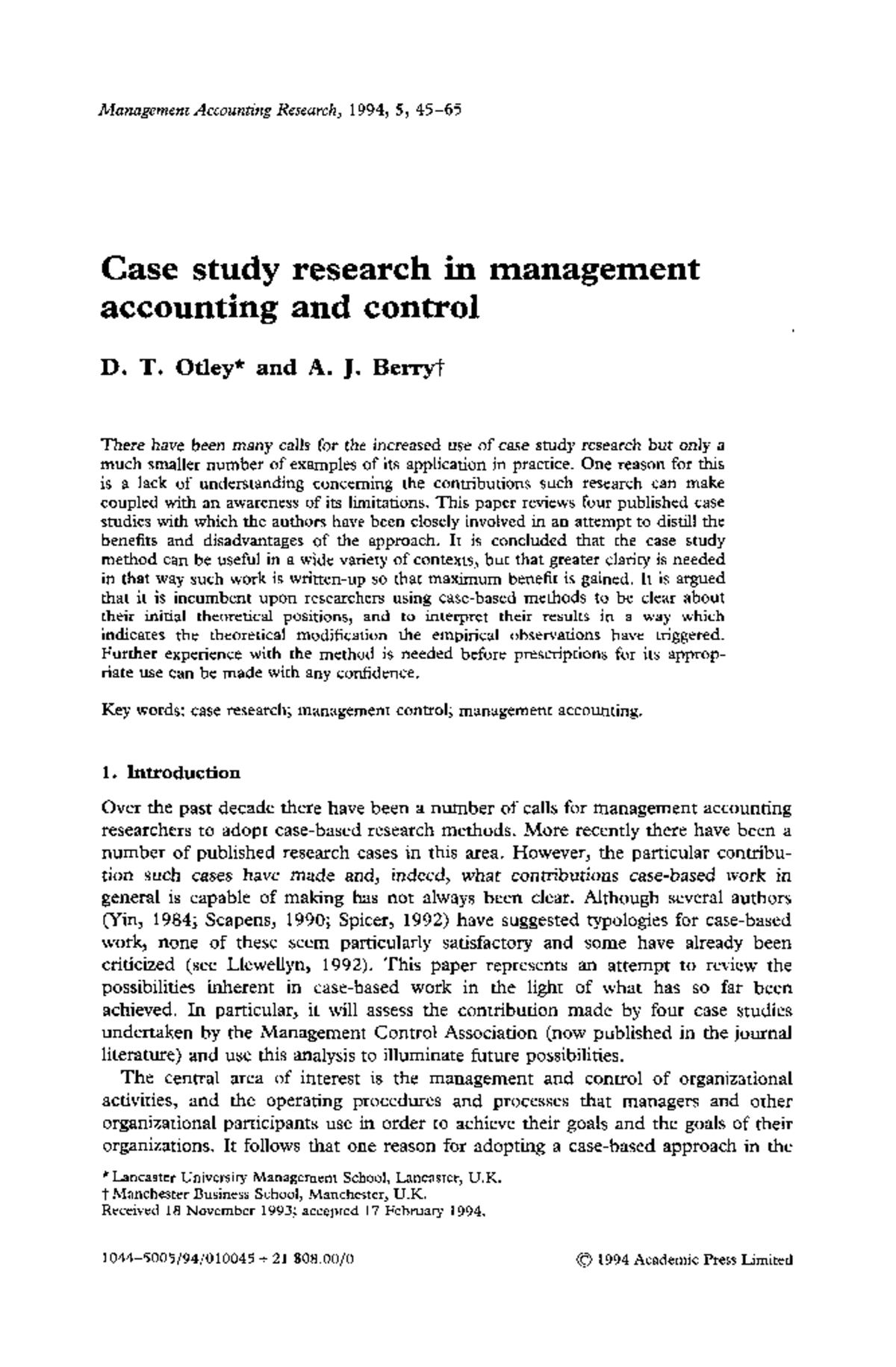 Management Accounting Research (1994): Insights from Case Studies - Studocu