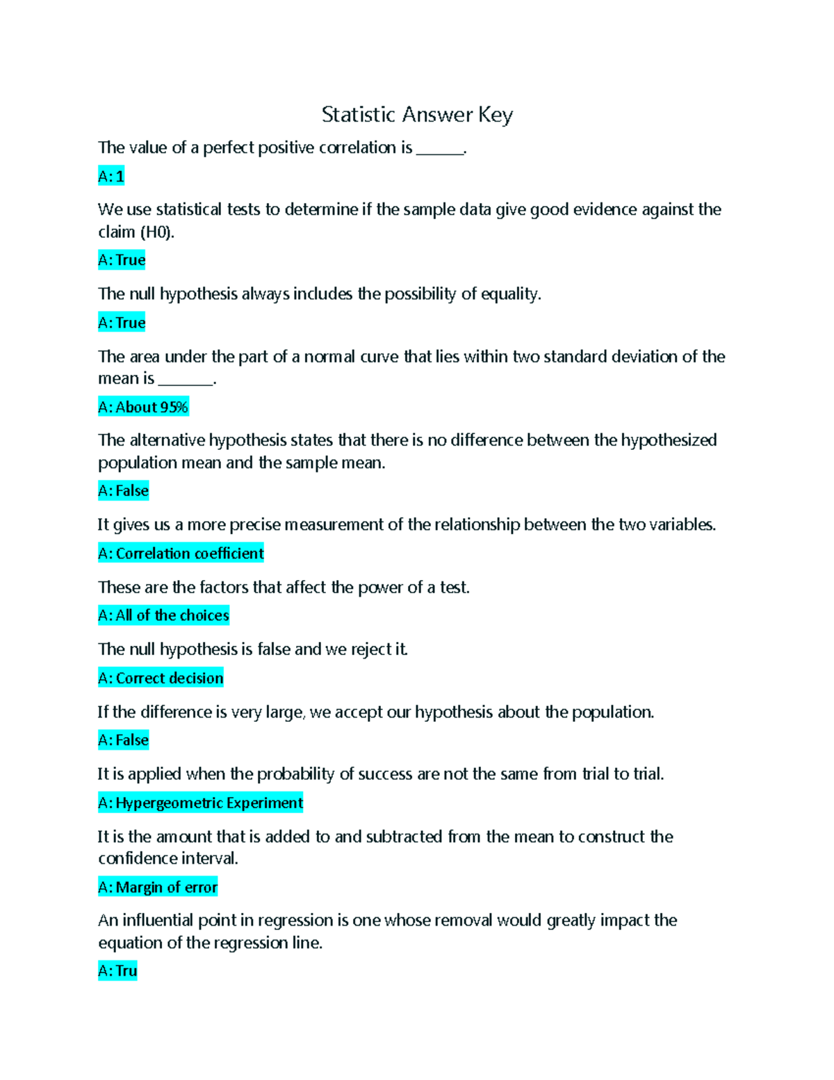 Statistic Answer Key for Stats 101: Correlation and Hypothesis Testing ...