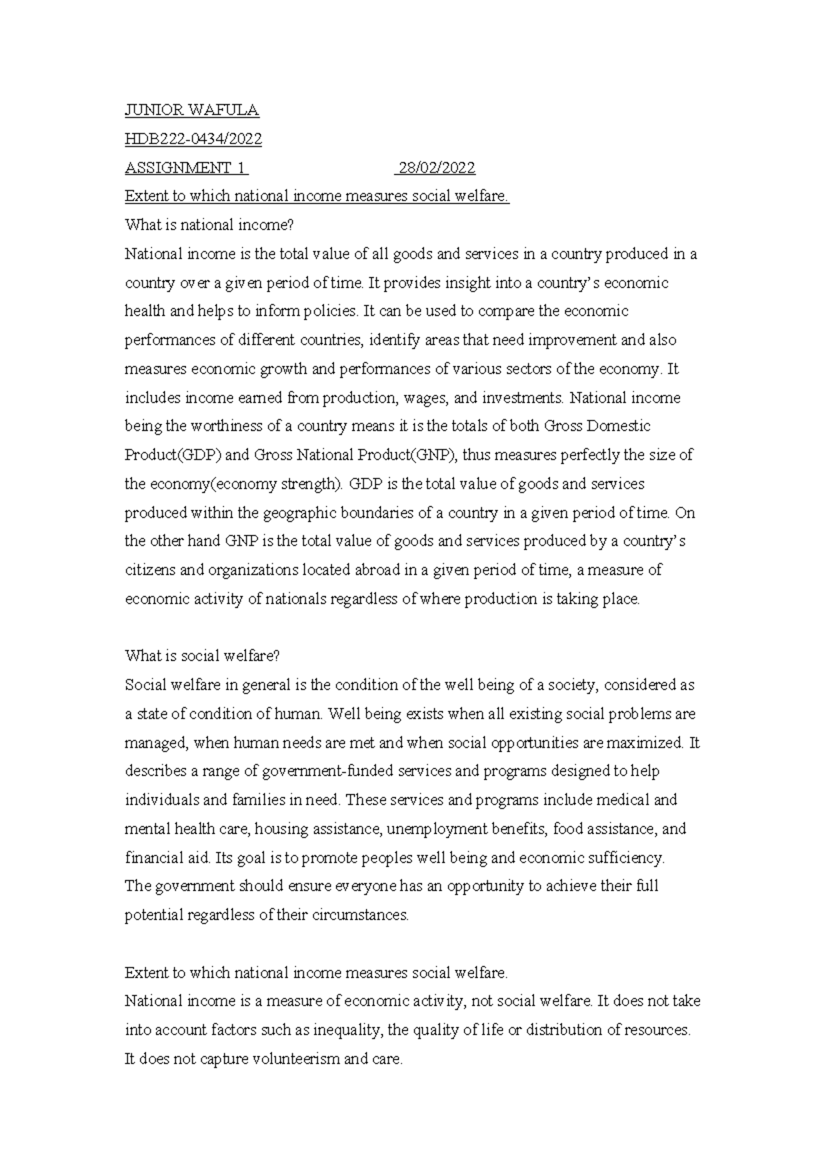 HDB222-0434 Assignment 1: National Income vs. Social Welfare Analysis ...