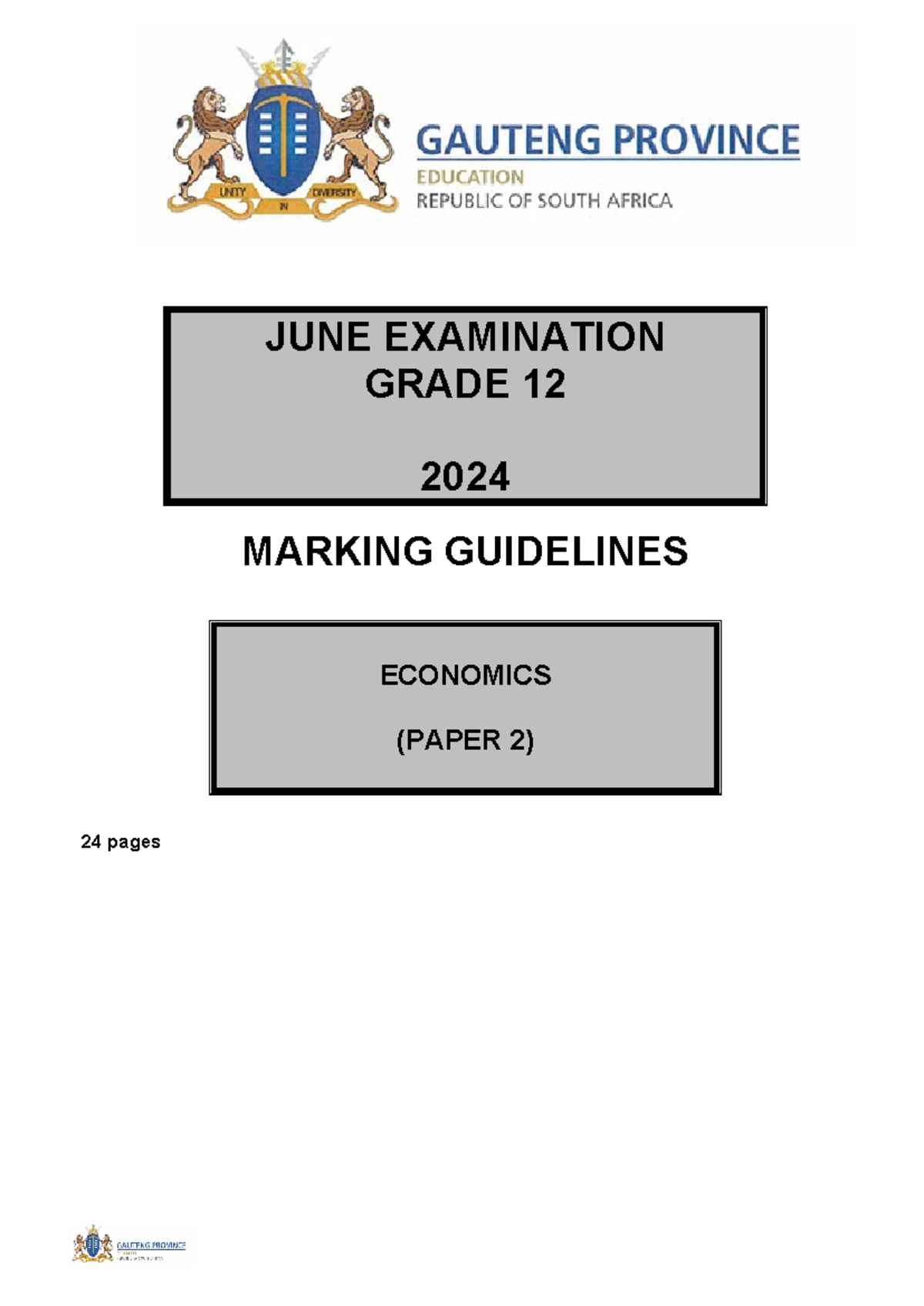 Grade 12 Economics Paper 2 June Exam 2024 Marking Guidelines - Studocu