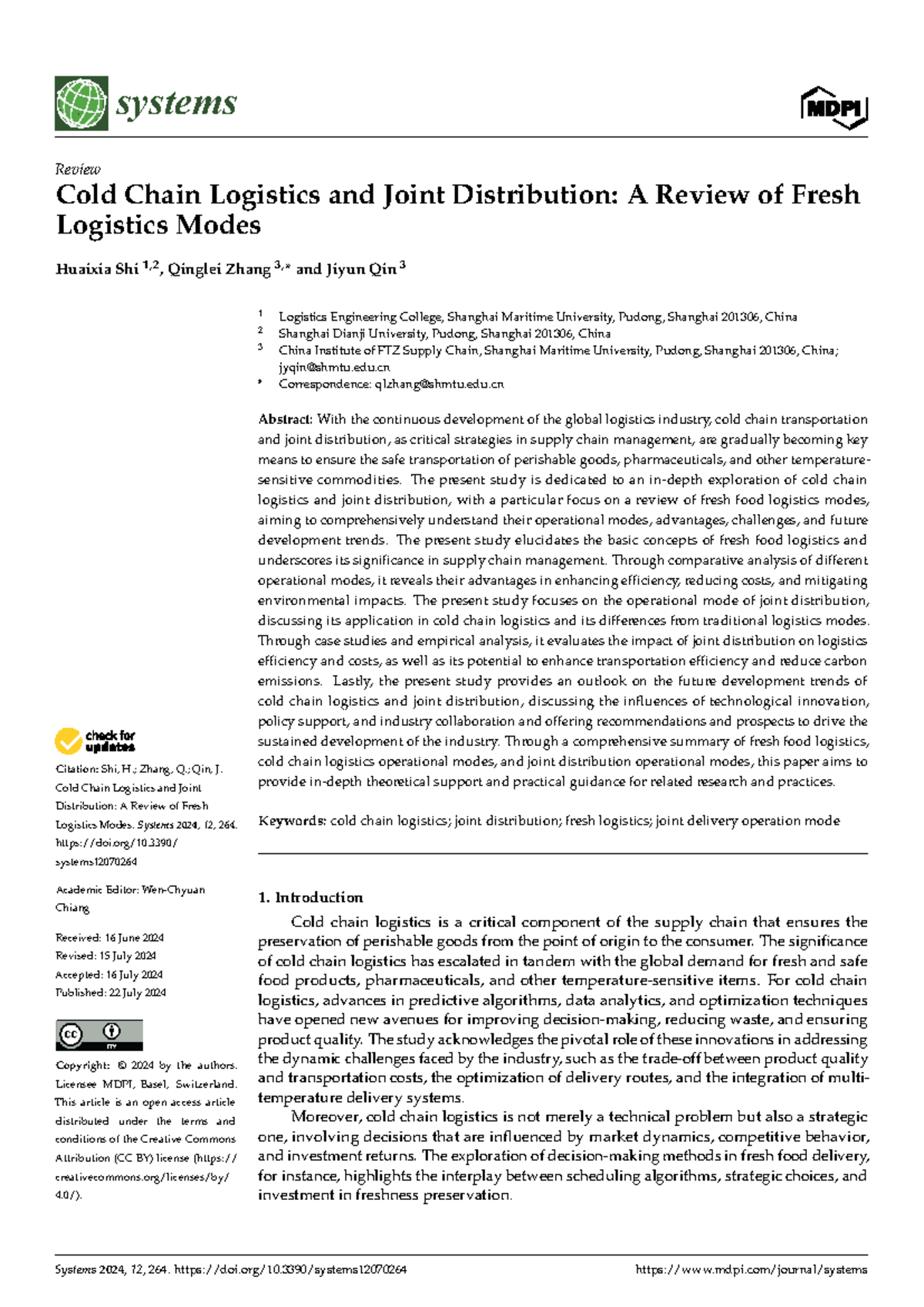 Systems 2024: Review of Cold Chain Logistics & Joint Distribution - Studocu