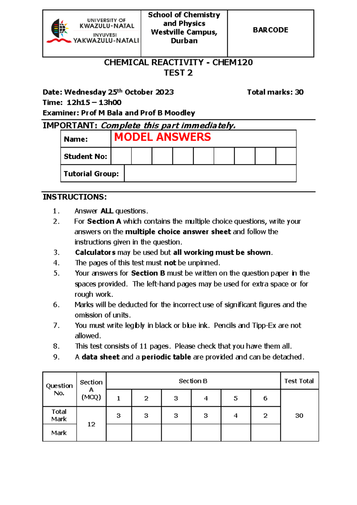 CHEM120: Test 2 Model Answers - Chemical Reactivity Solutions - Studocu