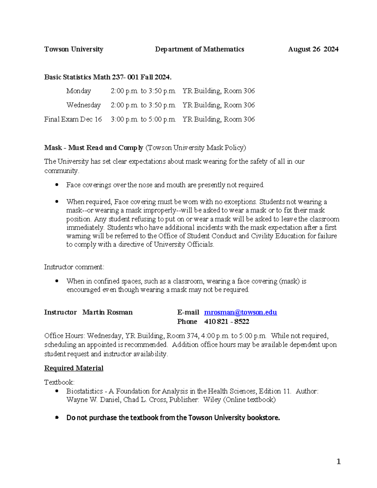 Math 237-001 Fall 2024 Basic Statistics Course Syllabus and Policies ...