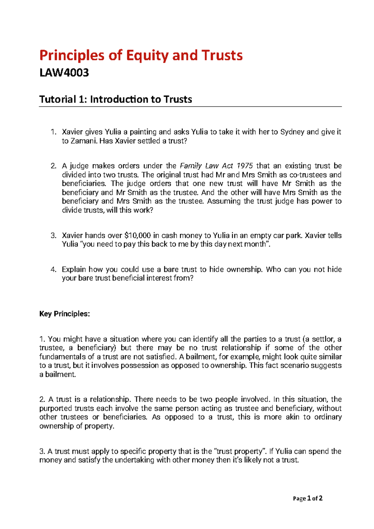 Tutorial 1 - Key Principles docx copy - Principles of Equity and Trusts ...