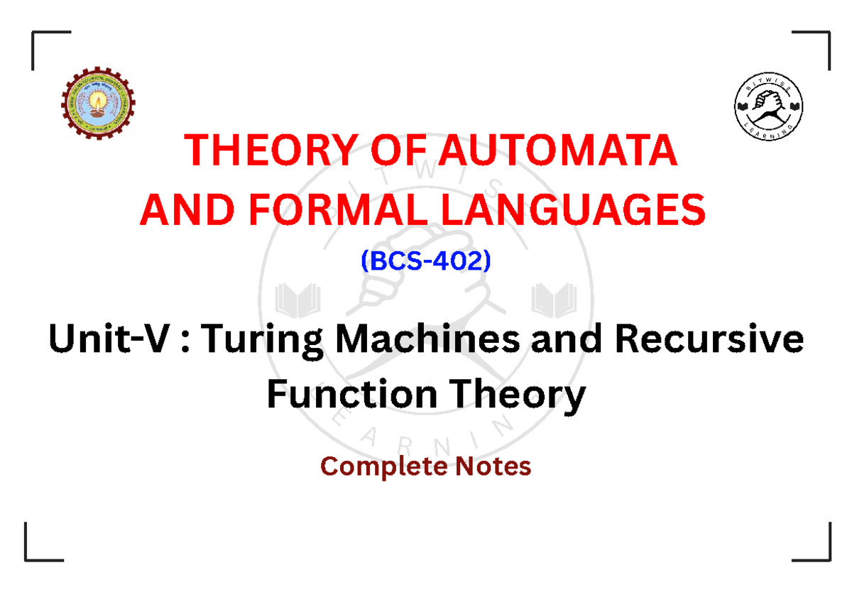 TAFL Complete Notes on Turing Machines and Recursive Functions - Studocu