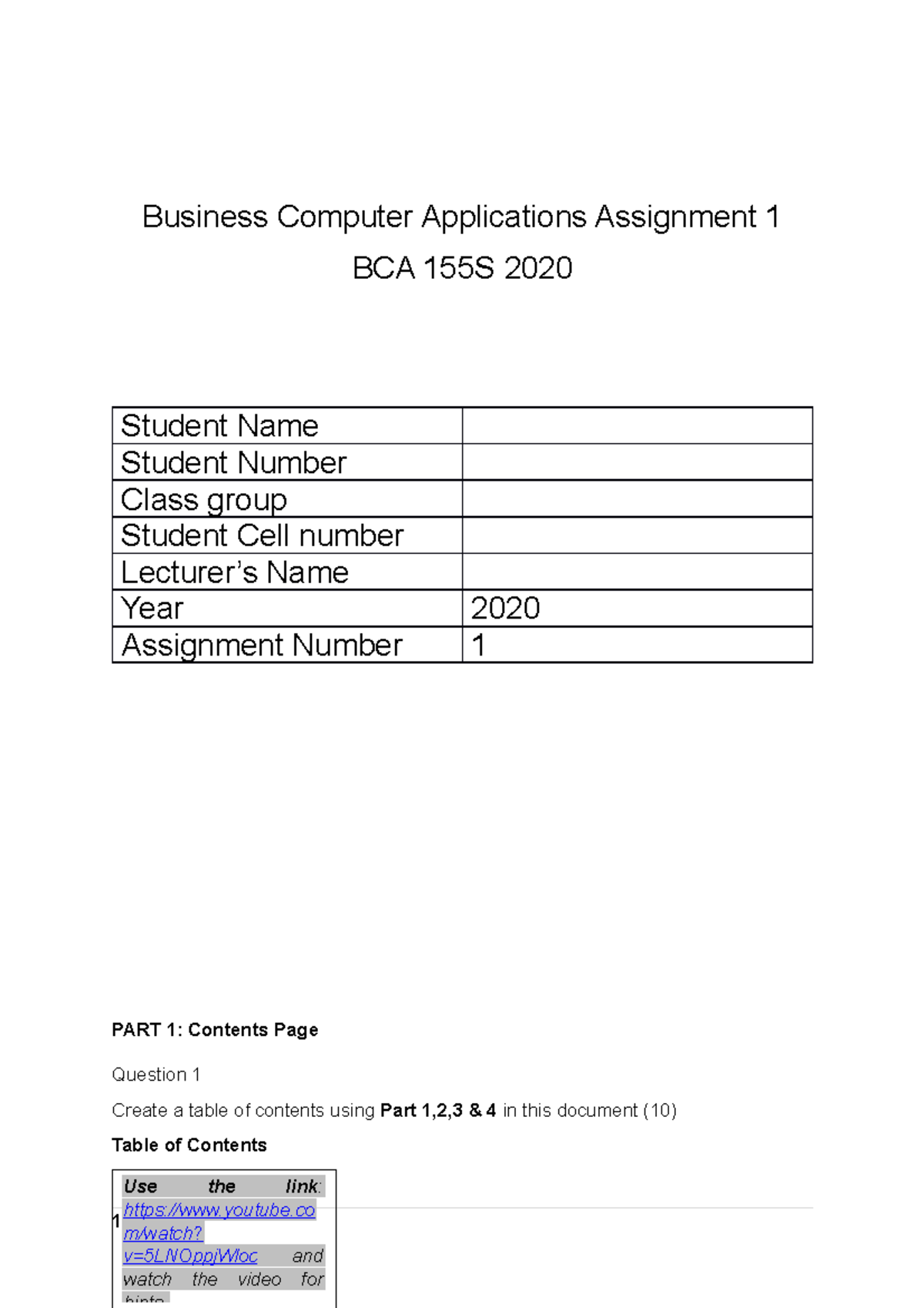 BCA 155S 2020 Assignment 1 Study Pack: Business Computer Applications ...