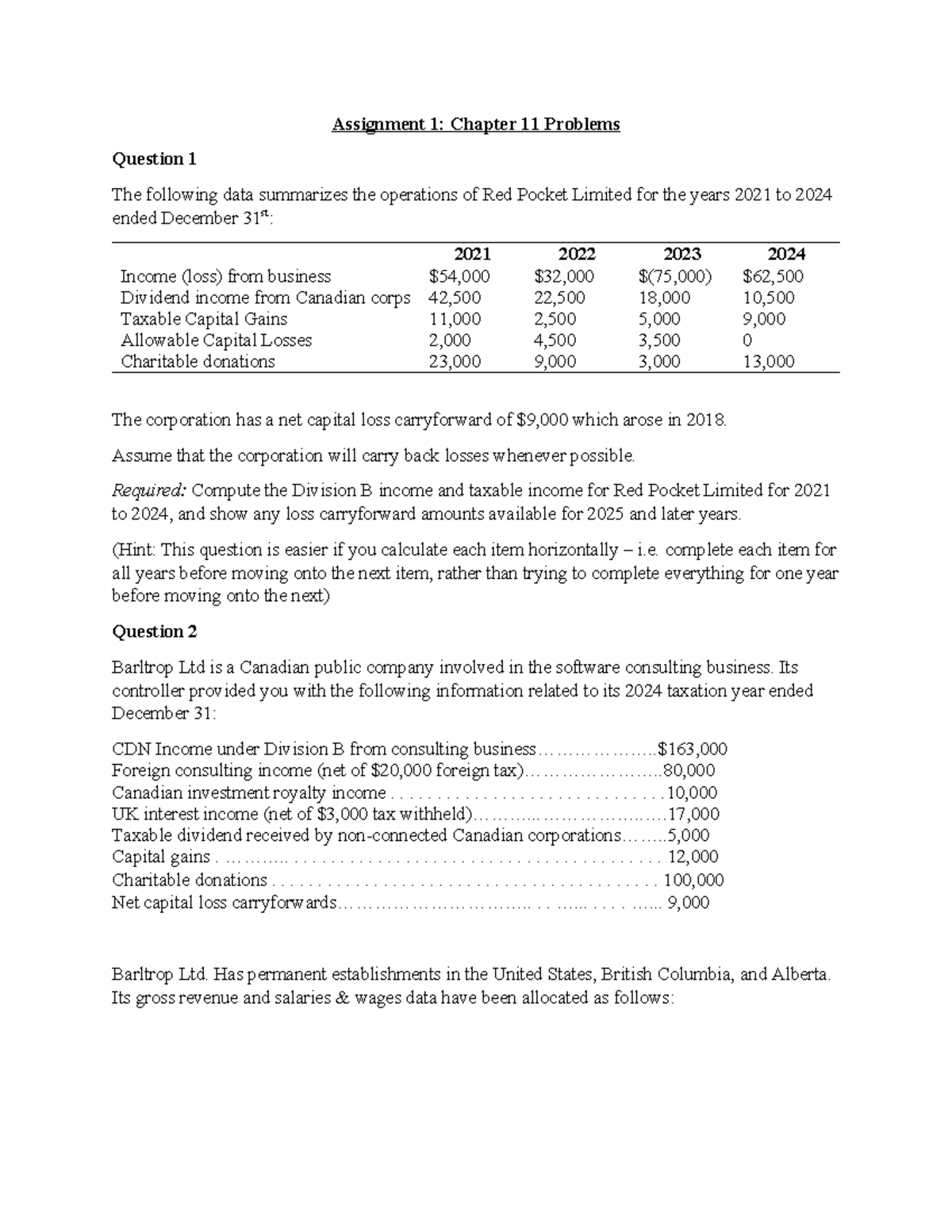 Assignment 1: Chapter 11 Problems for Red Pocket Ltd. and Barltrop Ltd ...