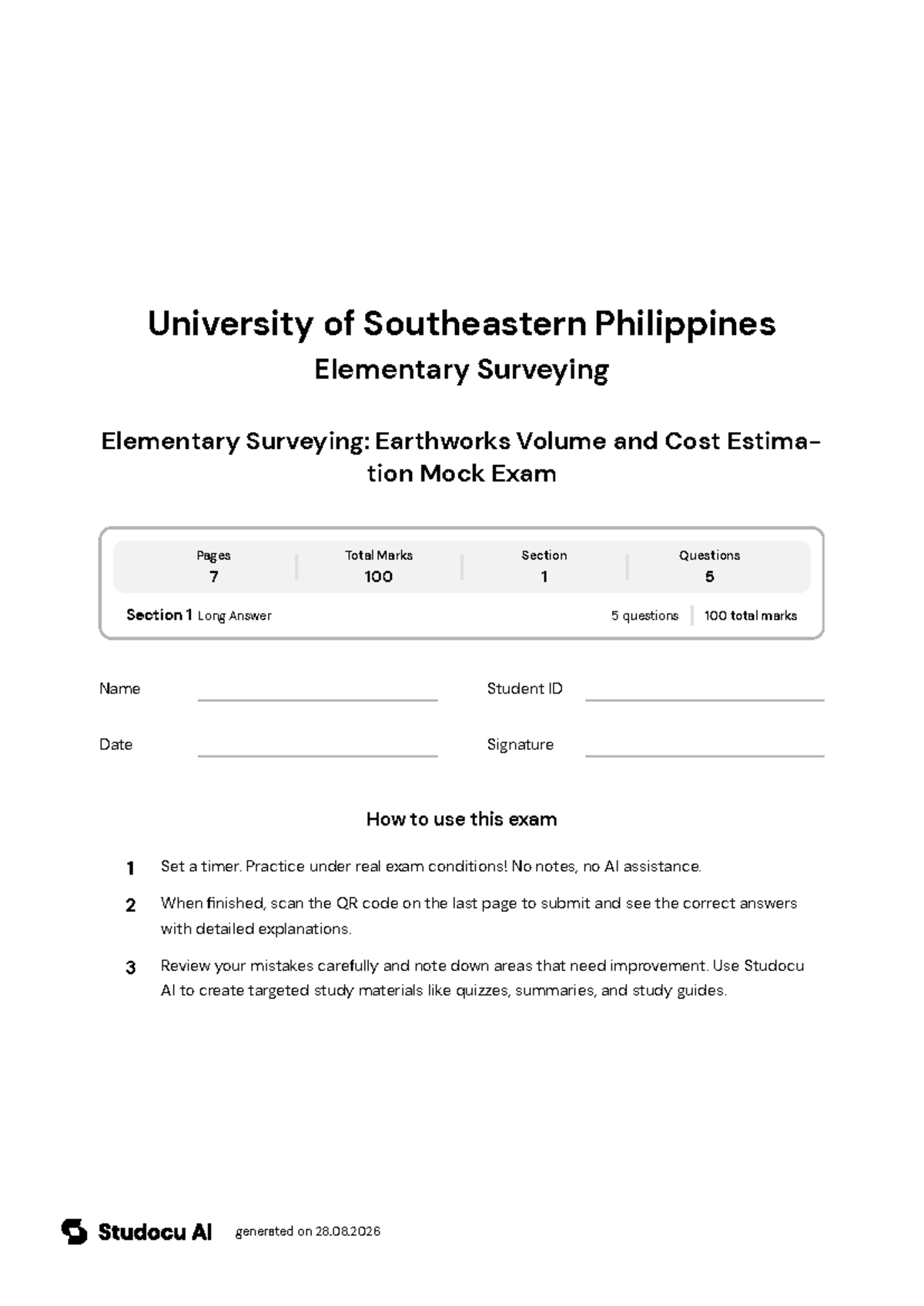 Elementary Surveying: Earthworks Volume Mock Exam - Studocu