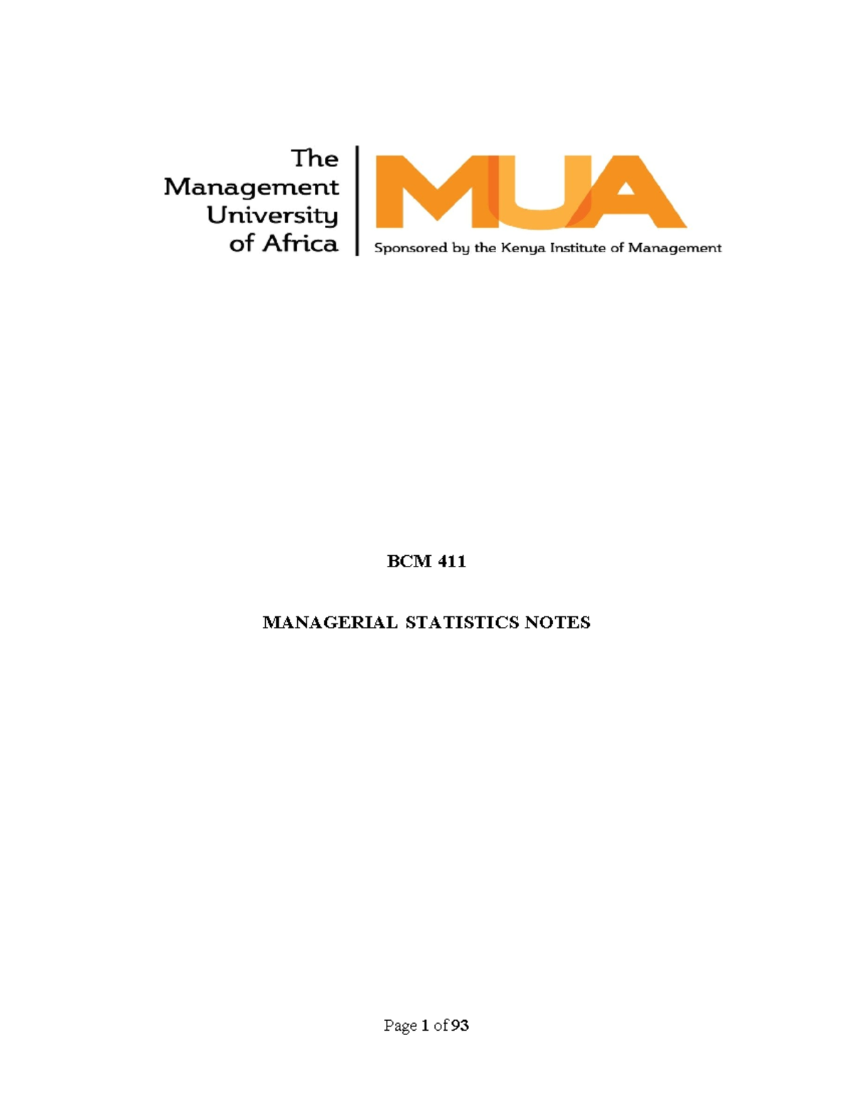BCM 411 Managerial Statistics: Comprehensive Lesson Notes - Studocu