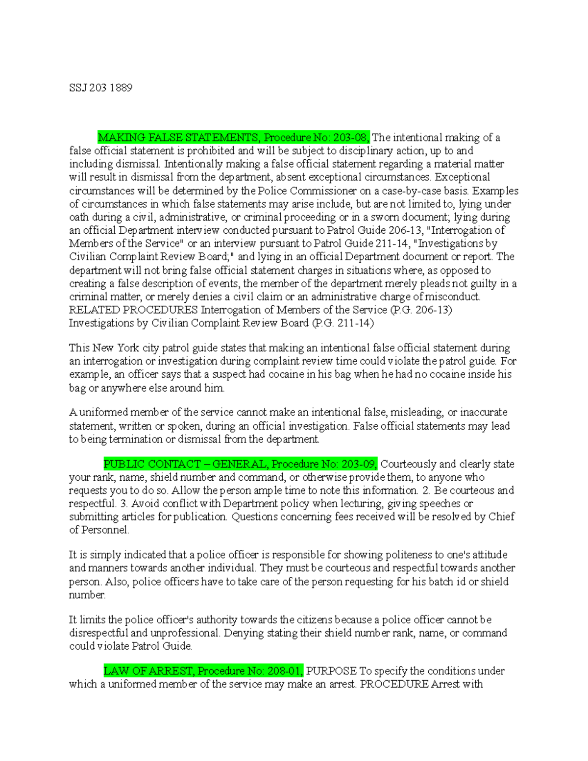 NY Patrol Guide - CCRB - This assignment contains of Procedure no 203 ...