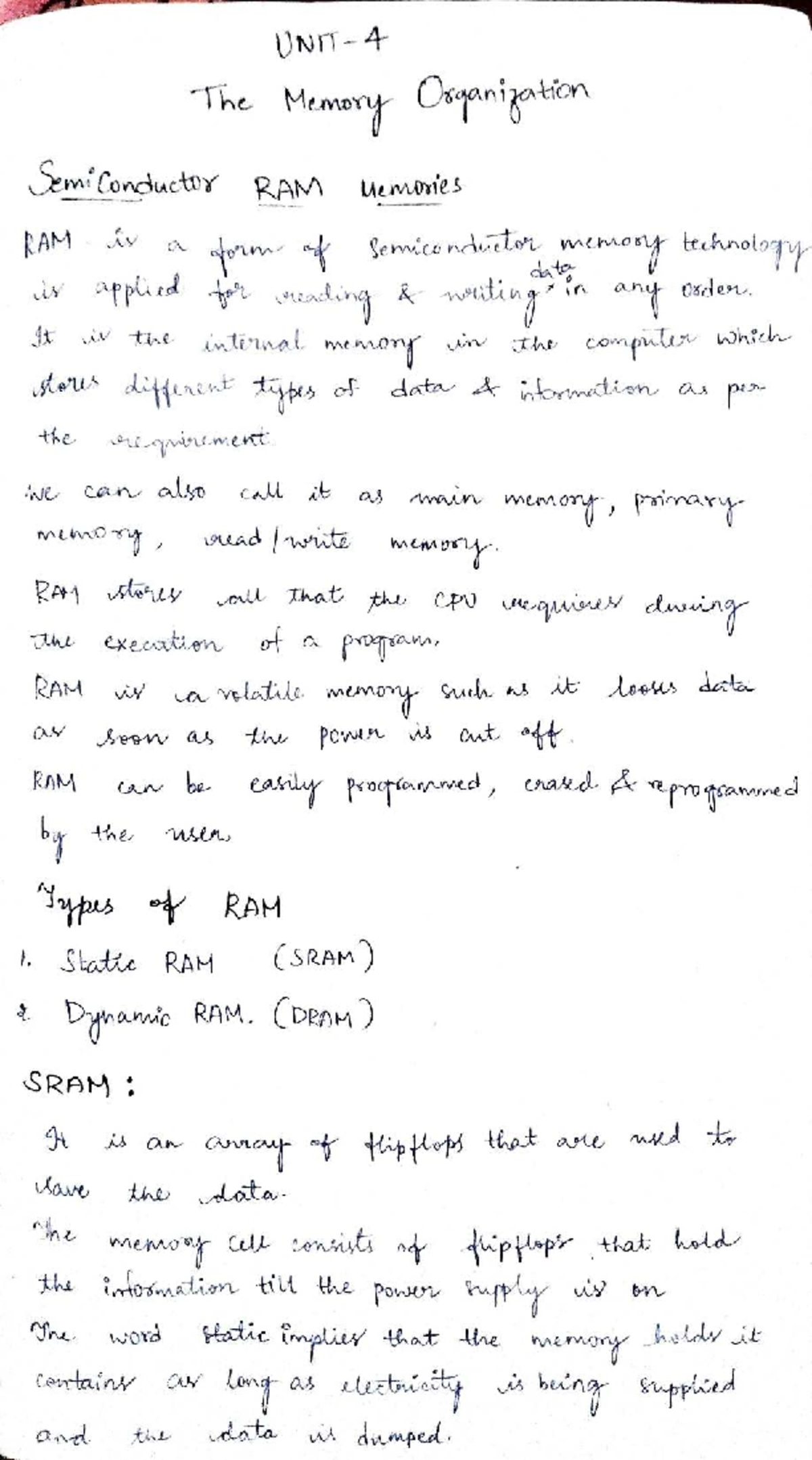 DLCO Unit 4-1: Memory Organization and RAM Technologies Notes - Studocu