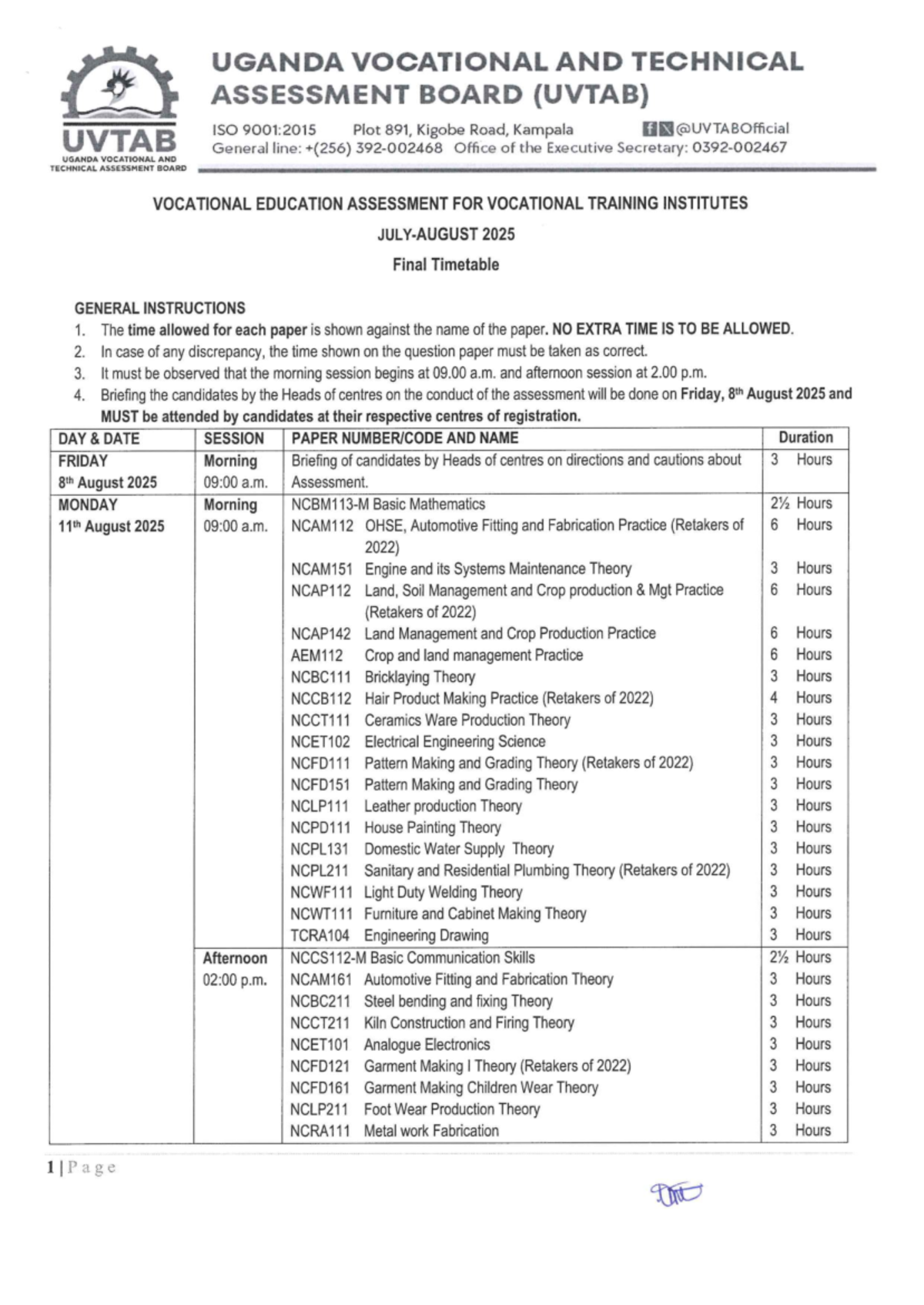 UVTAB 2025 Final Timetable for Vocational Education Assessments - Studocu
