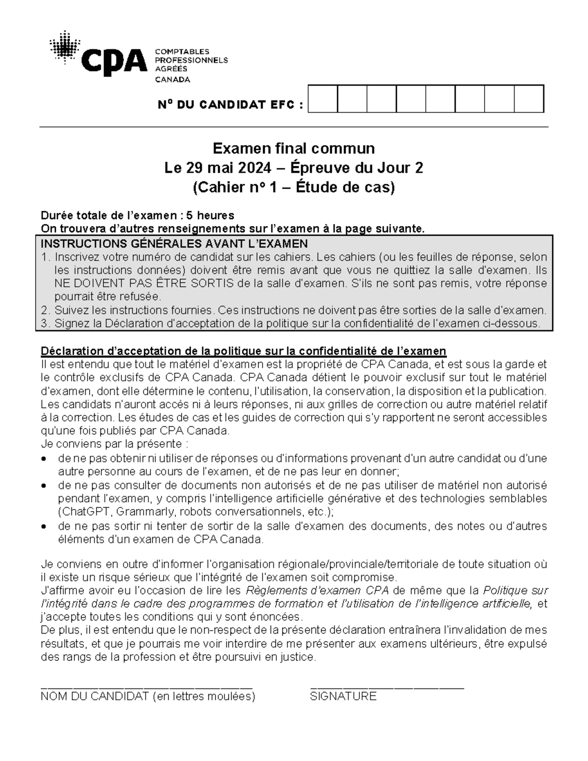 01082 EC EFC Mai 2024 - Examen Final Jour 2 - Étude de Cas - Studocu