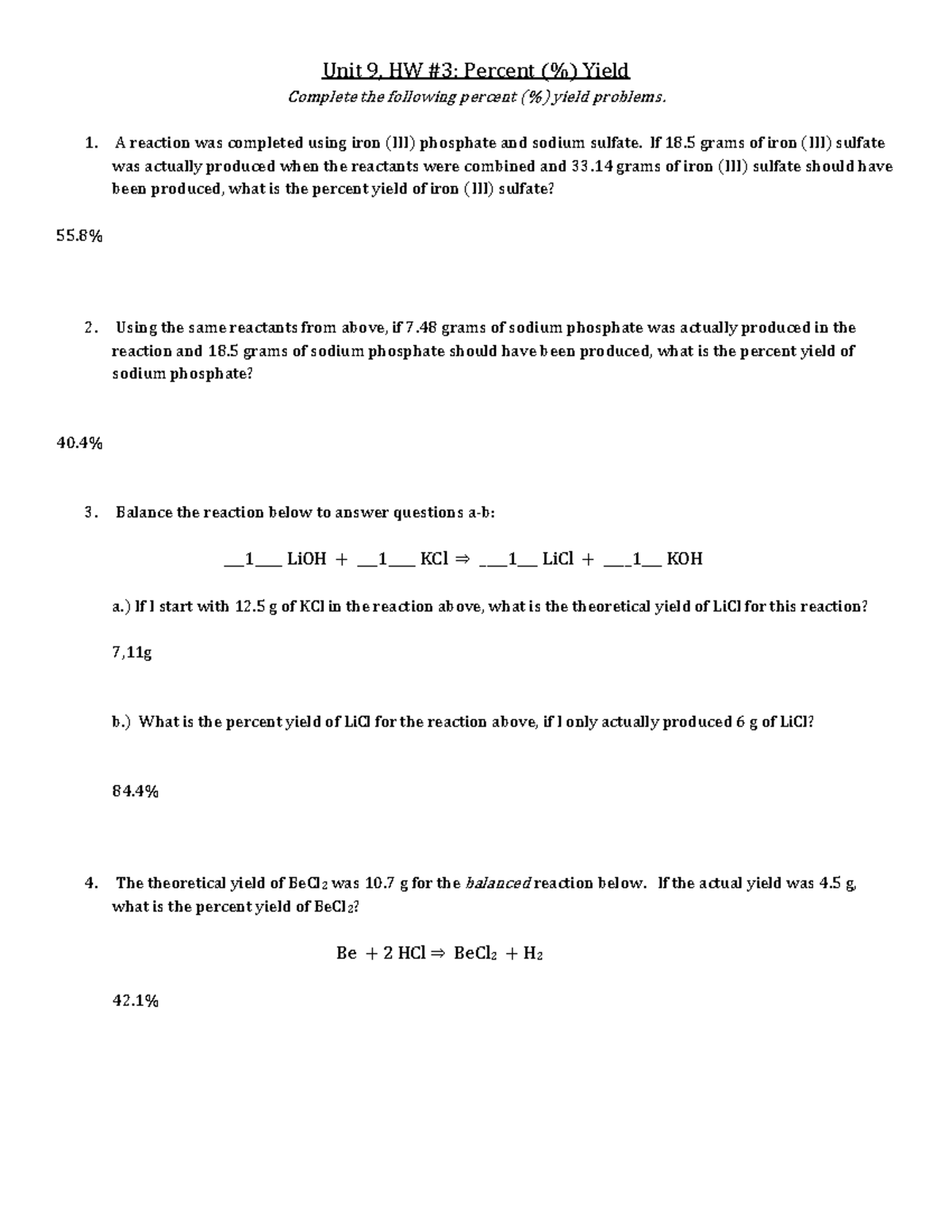 Unit 9, HW: Percent Yield Problems and Calculations - Studocu