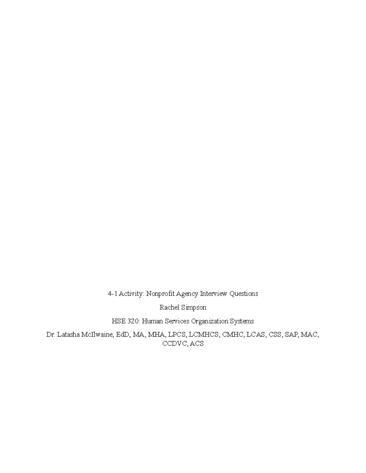 HSE 320: Nonprofit Agency Interview Questions Activity - Studocu