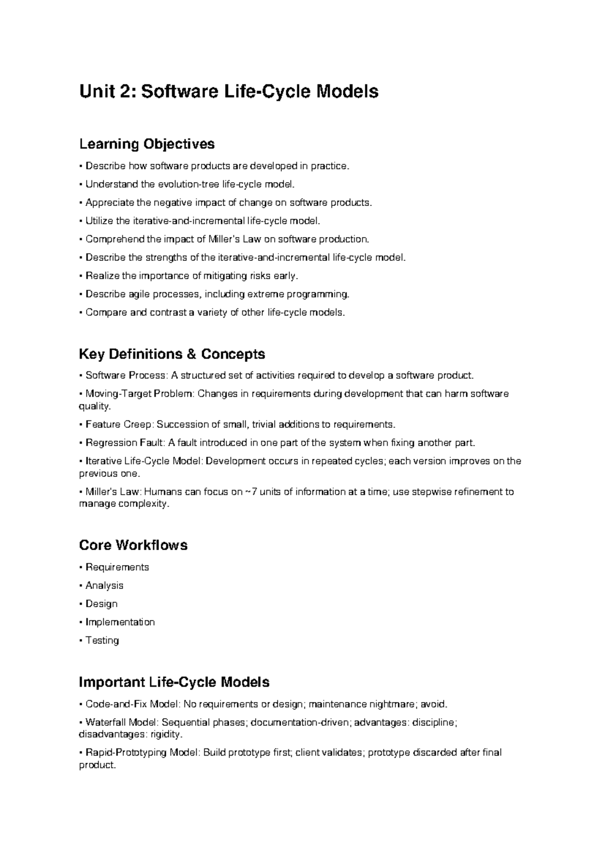 Unit 2: Key Info on Software Life-Cycle Models and Processes - Studocu