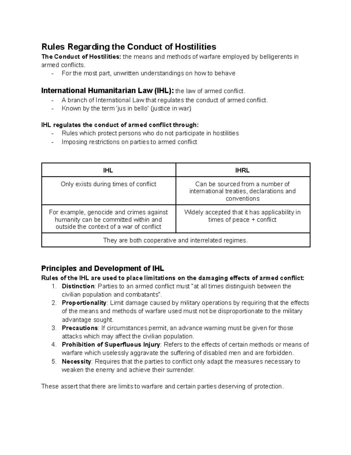 Rules on Conduct of Hostilities: Summary Sheet - Legal Studies (LS 101 ...