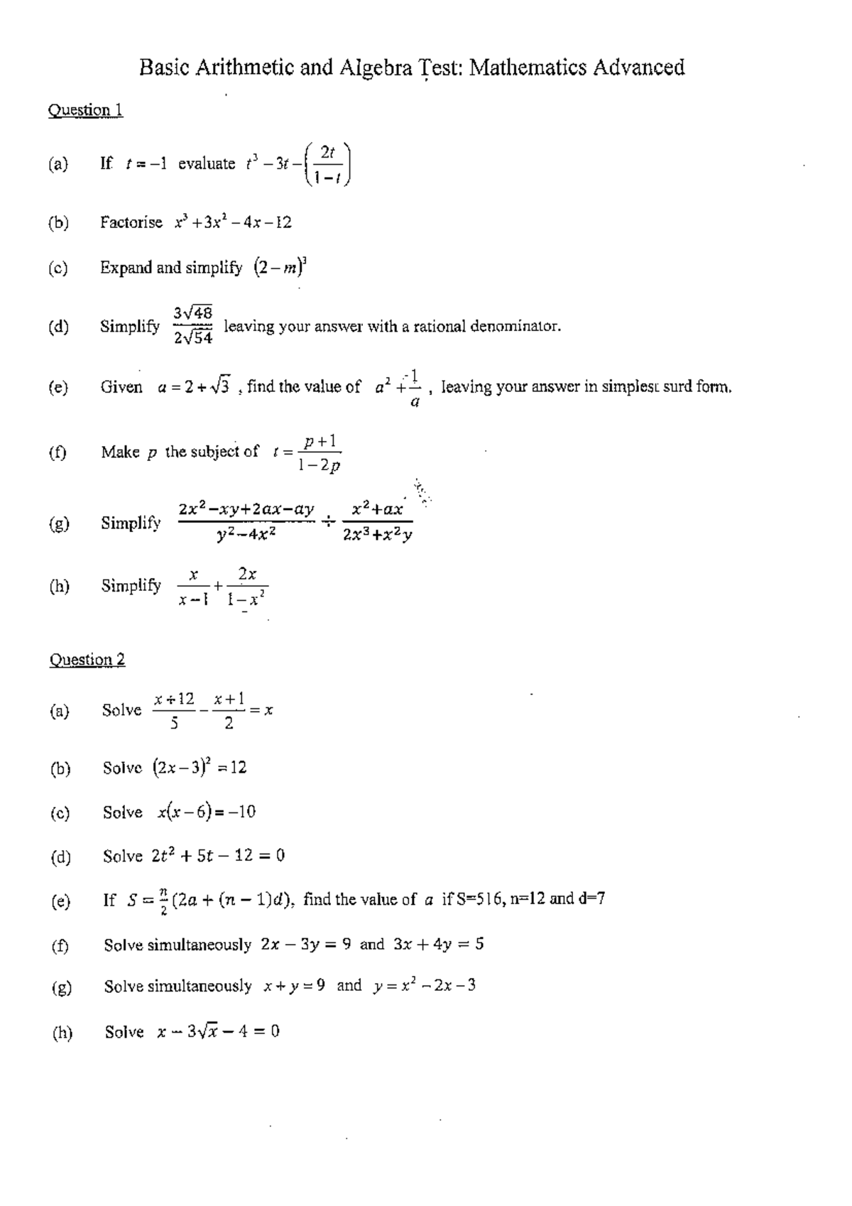 Algebra Test Solutions: Advanced Math Concepts and Techniques - Studocu