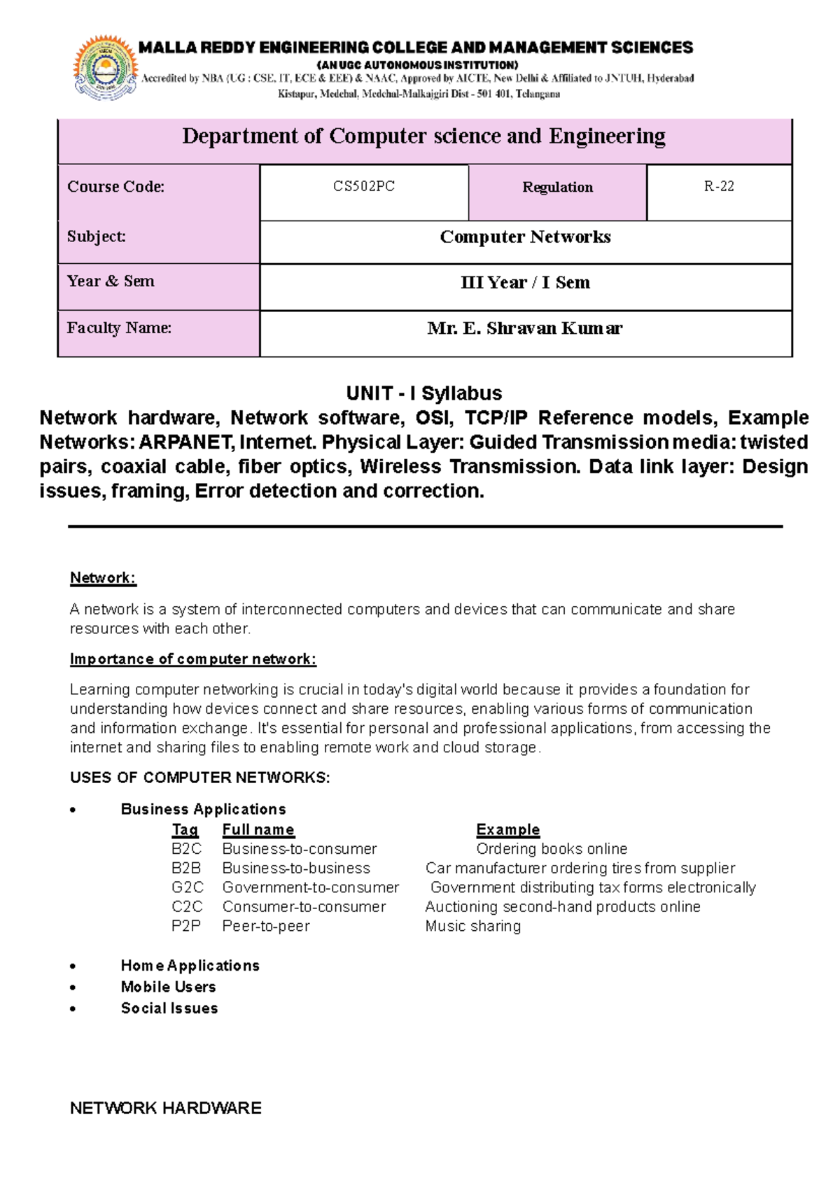 CS502PC: Computer Networks Unit I Comprehensive Notes - Studocu