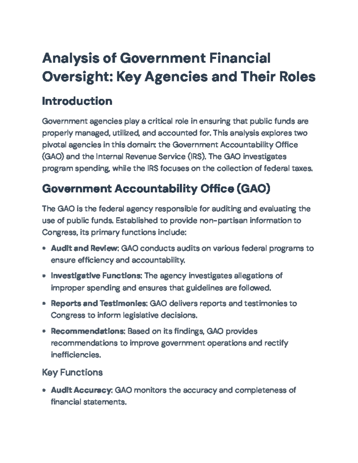 Analysis of GAO and IRS: Roles in Government Financial Oversight ...