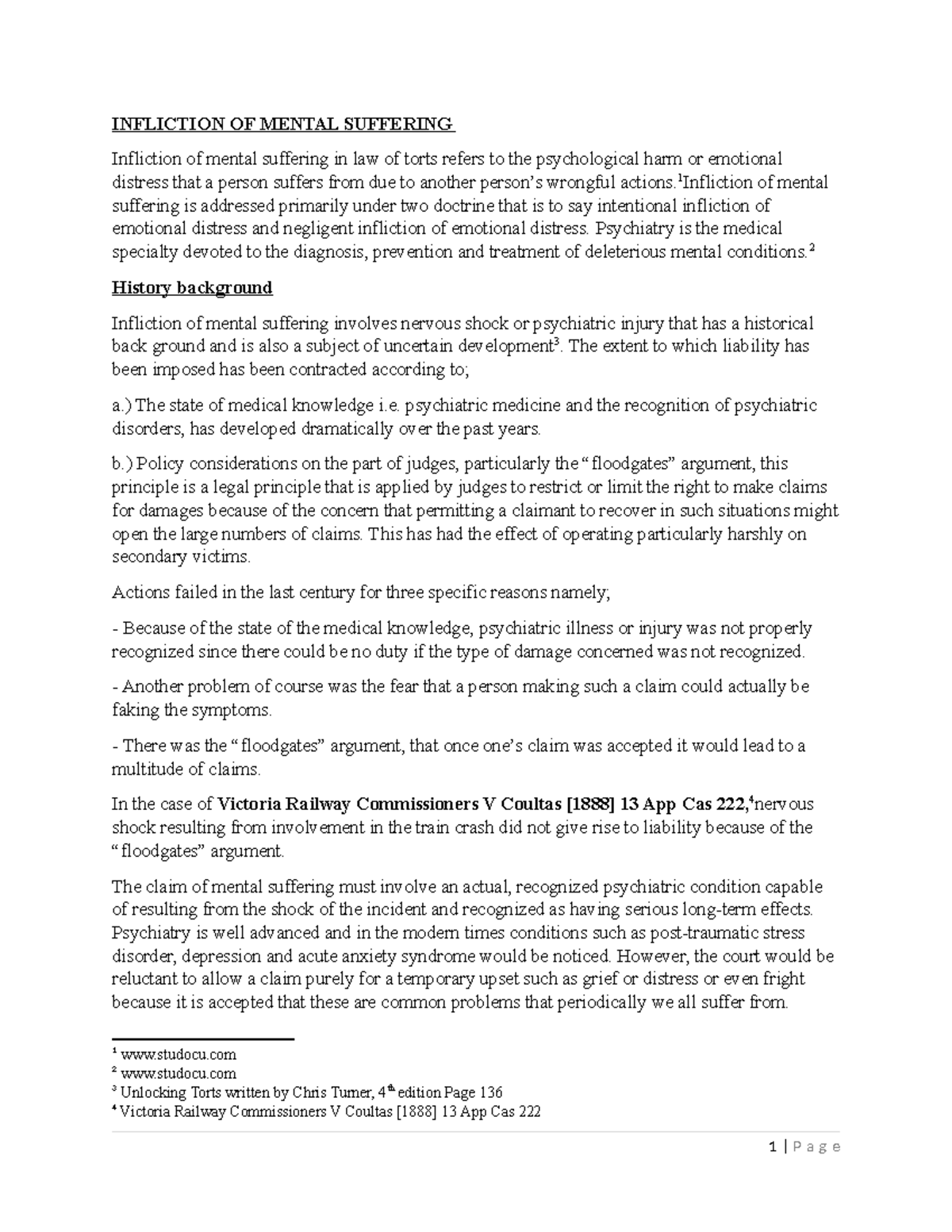 Infliction of Mental Suffering in Tort Law: Key Concepts and Cases