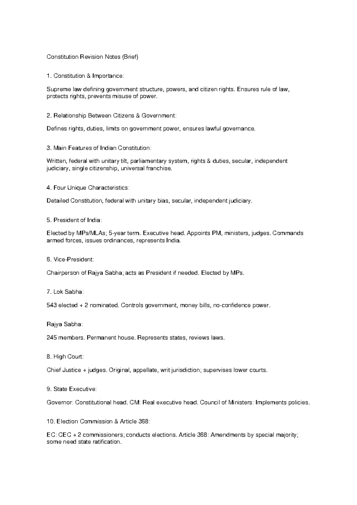 Constitution Revision Notes: Key Features & Government Structure - Studocu