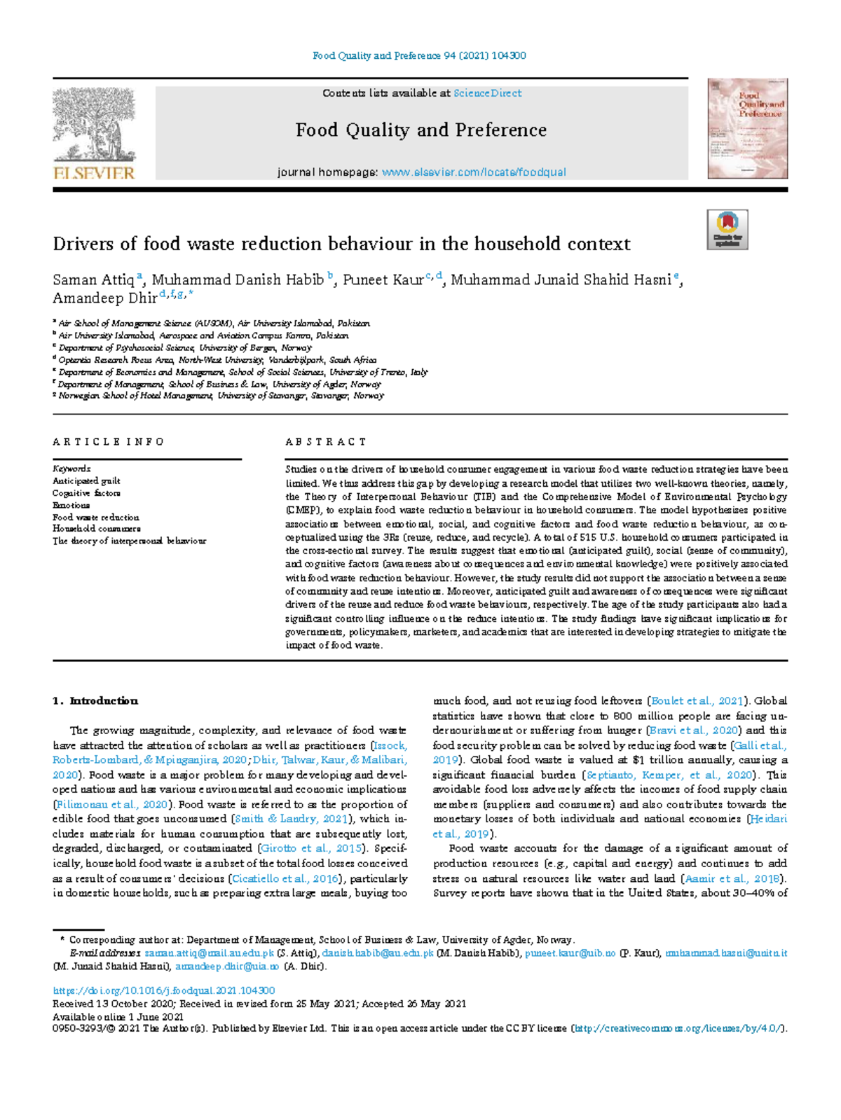 Drivers of Food Waste Reduction Behavior in Households: Insights from ...