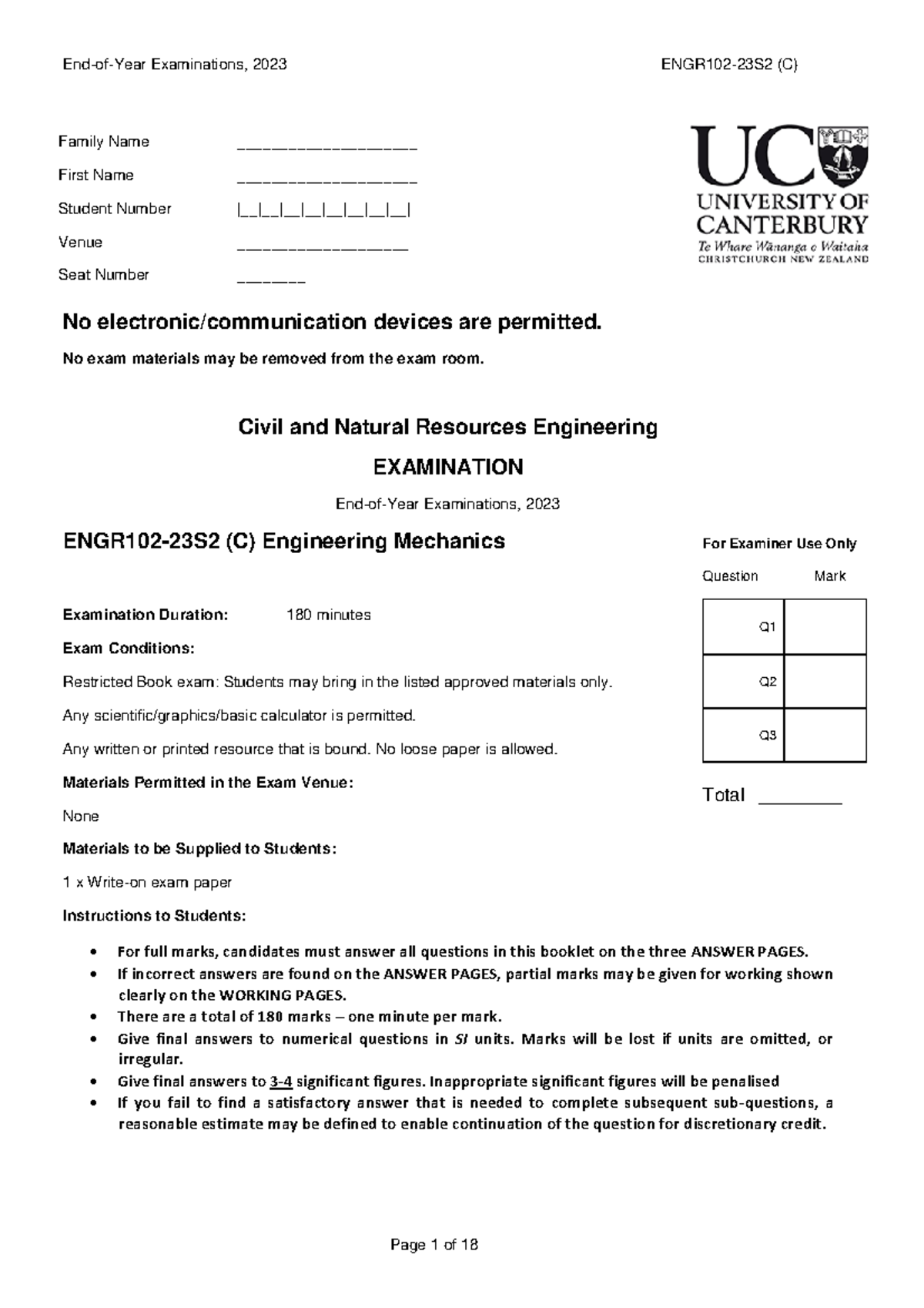 Engr102 23S2 - Engineering Mechanics Examination Paper - Studocu