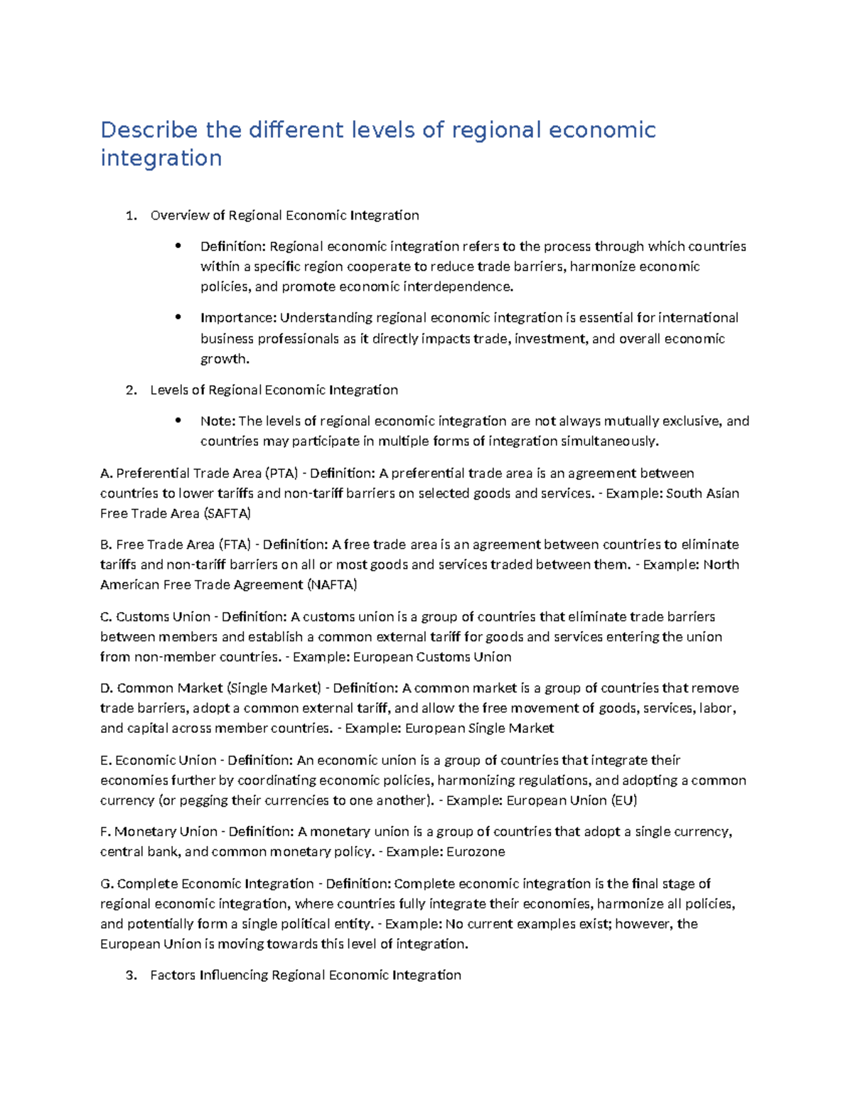 Chapter 9 Study Notes: Levels of Regional Economic Integration - Studocu