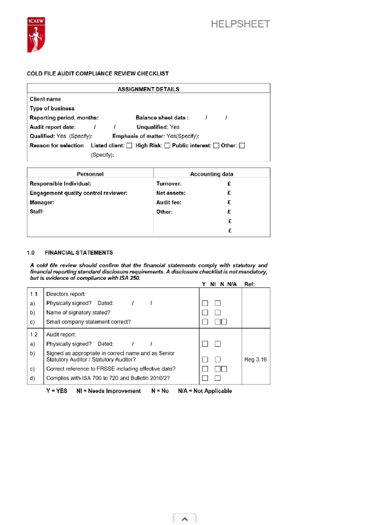 Cold File Audit Compliance Review Checklist (CFA 101) - Studocu