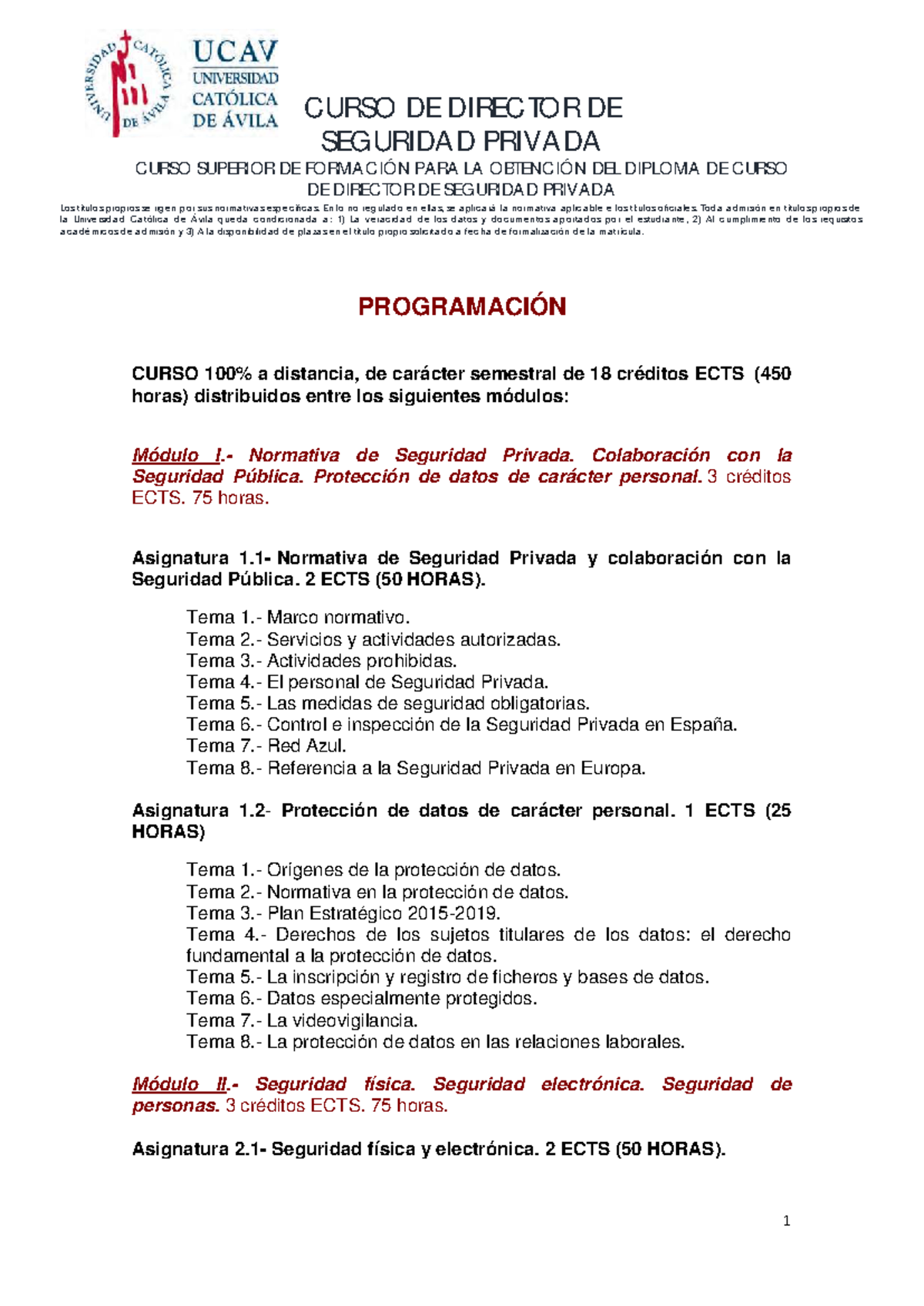 CURSO DE DIRECTOR DE SEGURIDAD PRIVADA - PROGRAMA Y MÓDULOS ECTS - Studocu