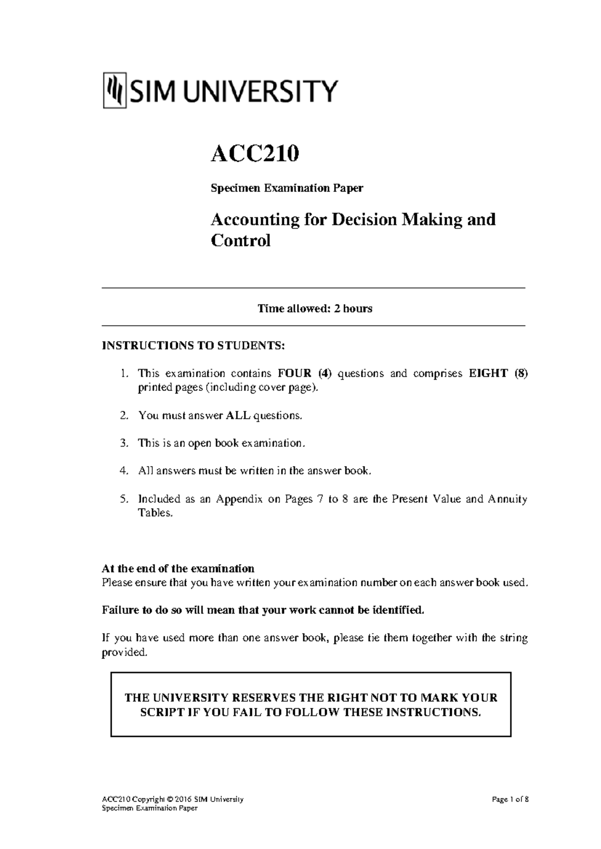 ACC210 Specimen Examination Paper for Accounting Decisions and Control ...