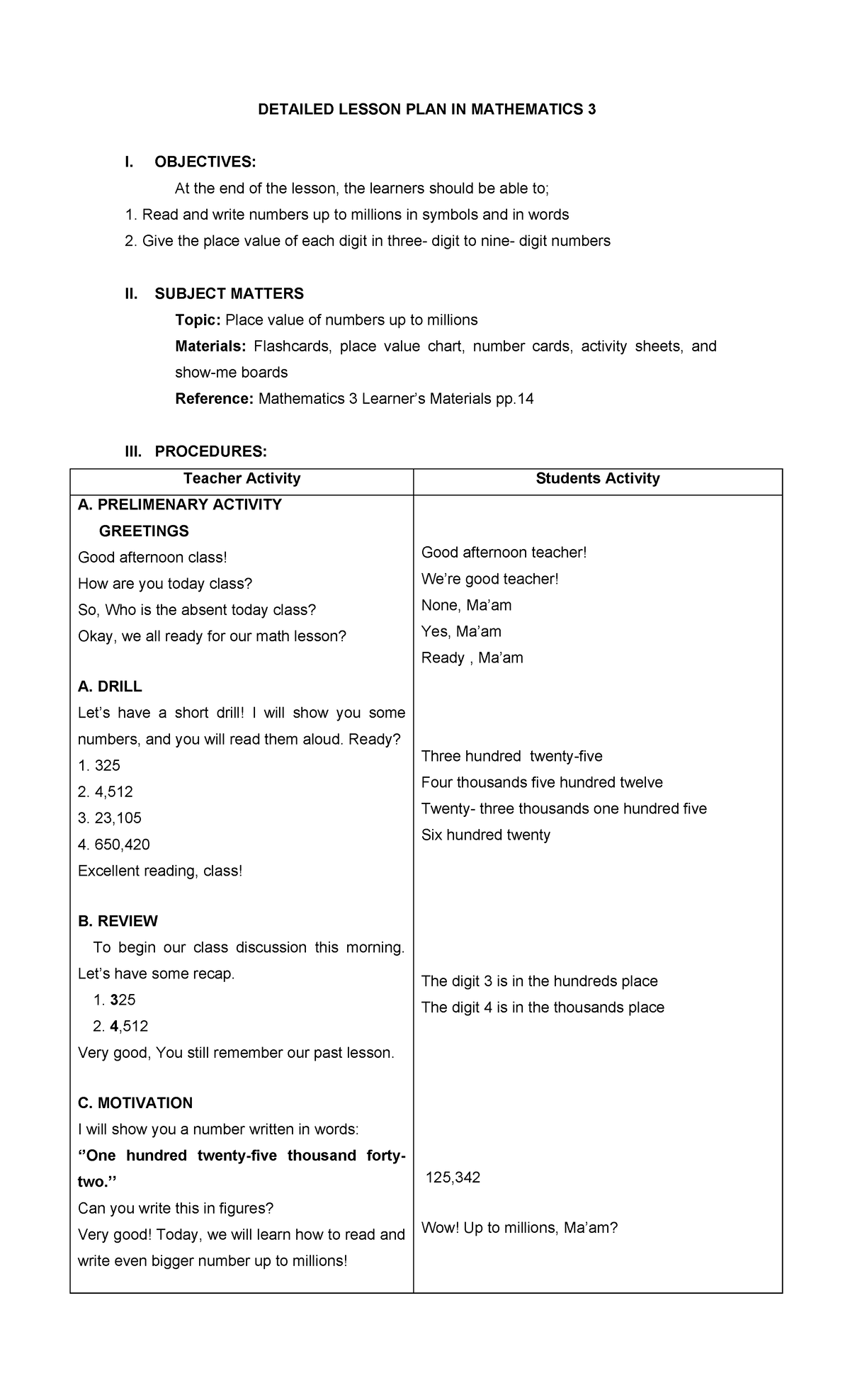 Detailed Lesson Plan: Place Value in Mathematics 3 - Studocu