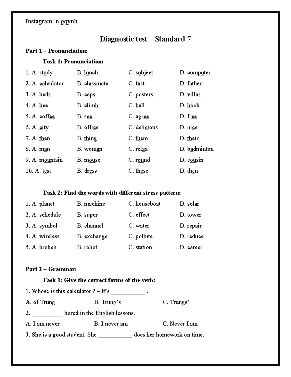 Diagnostic Test - Standard 7: Pronunciation, Grammar, Vocabulary ...