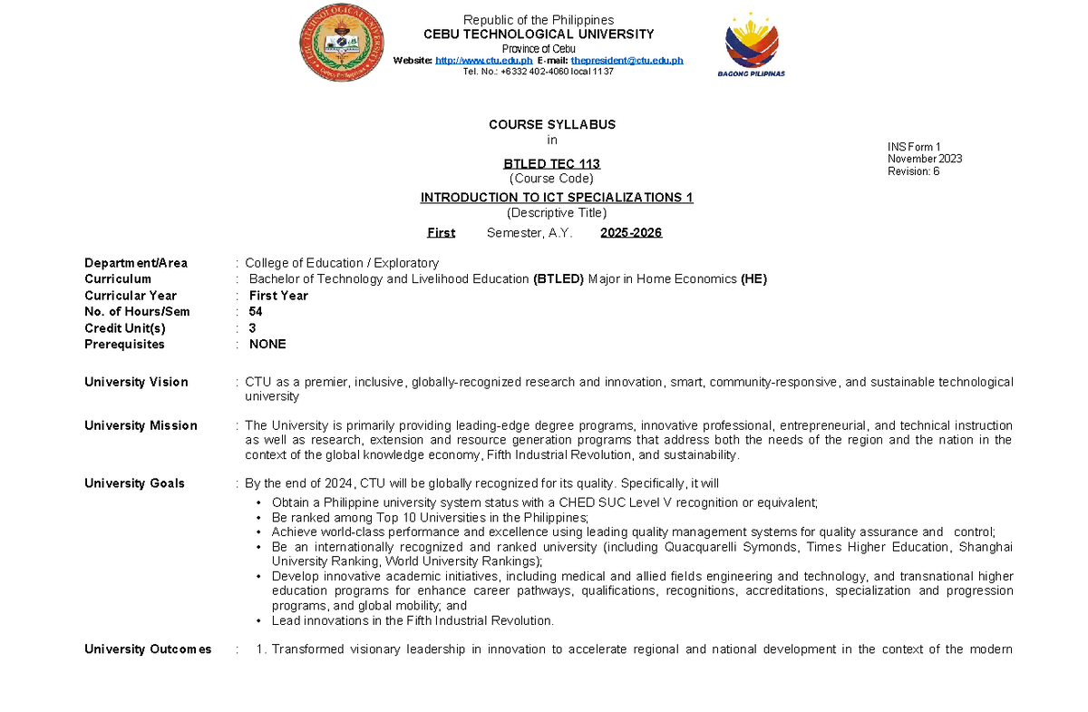 BTLED TEC 113: Syllabus for Introduction to ICT Specializations - Studocu